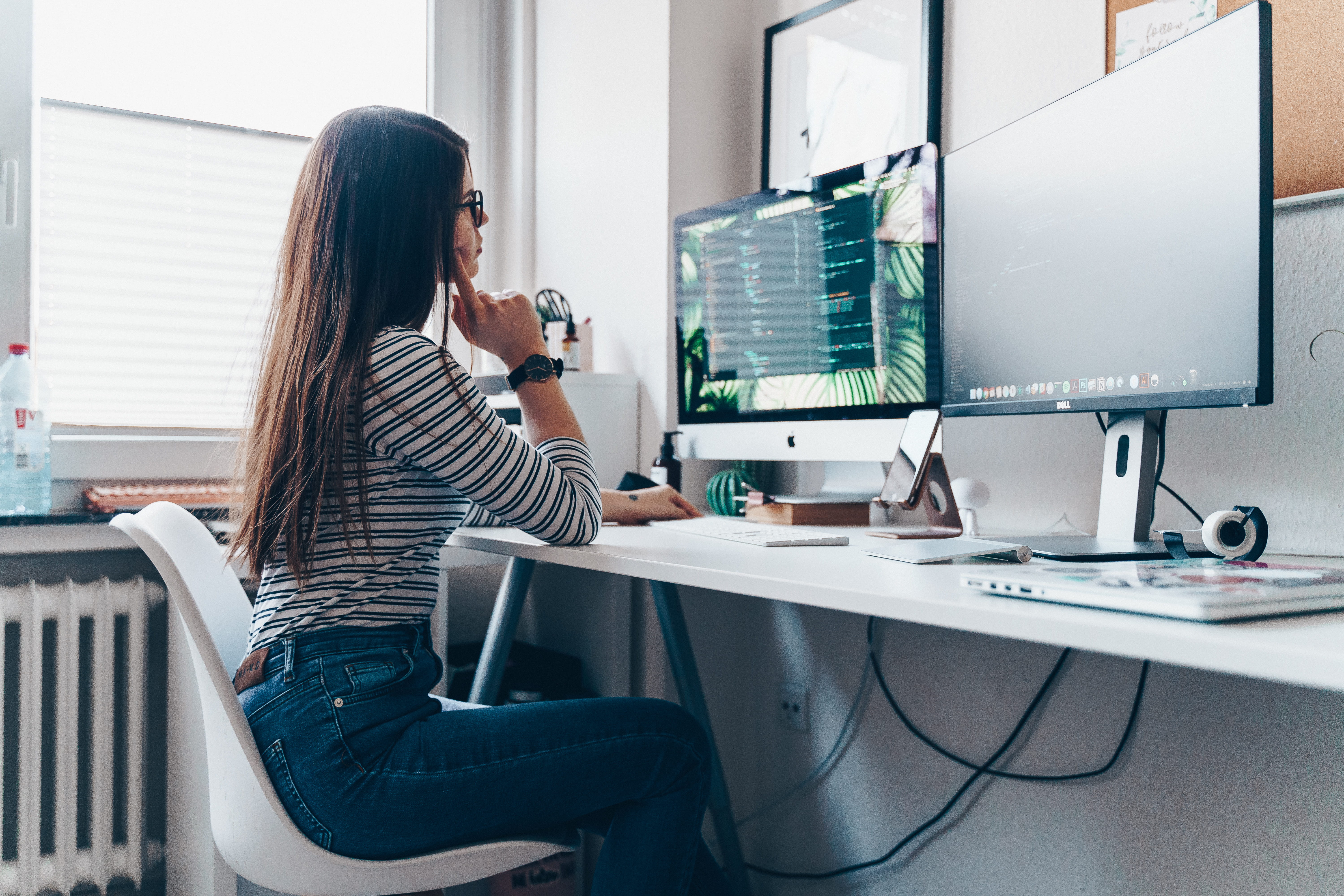 girl, wireless technology, business, person, communication, desktop, display, 5K, monitor, hairstyle, furniture, bossbabe, side view, women, electronics, HD Wallpaper