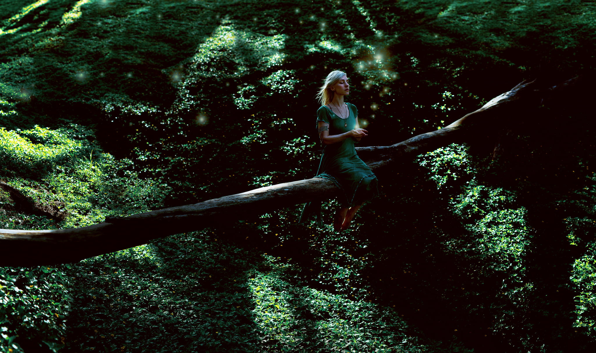 girl, sometimes, dress, 1080P, tree, greens, forest, HD Wallpaper