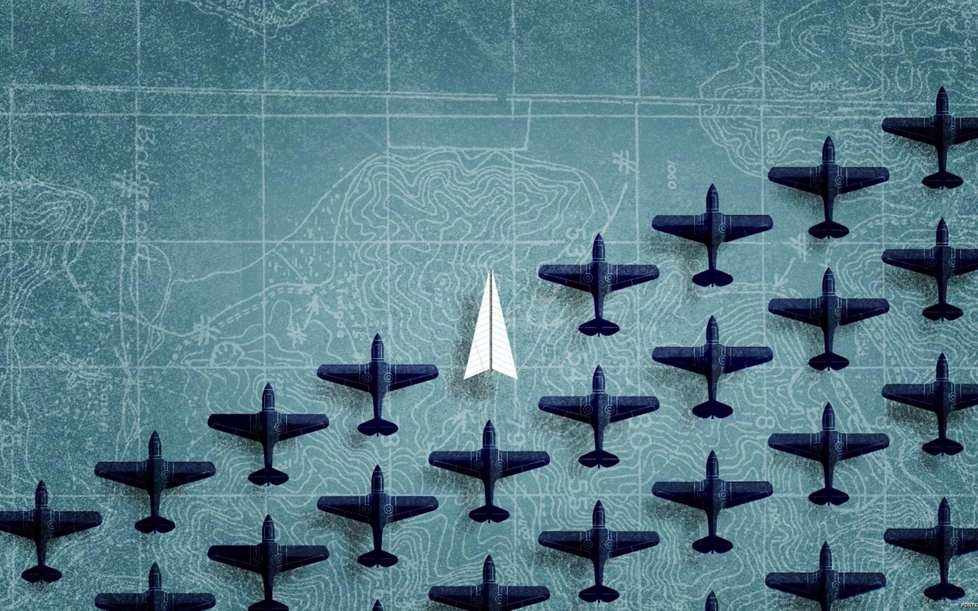 minimalism, blue background, aircraft, 1080P, digital art, paper planes, map, airplane, HD Wallpaper