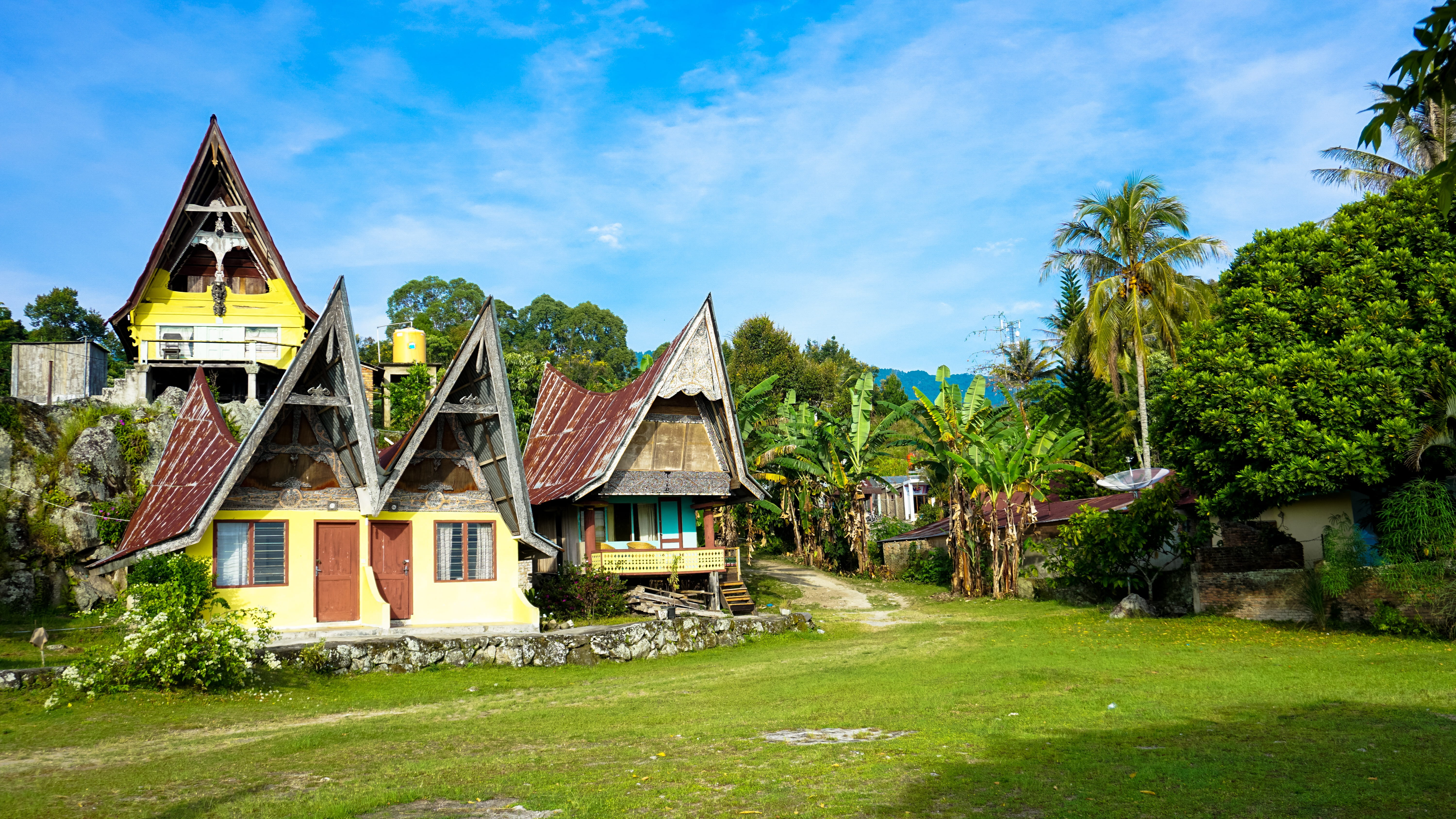 built structure, carving, indonesian, building, residential district, batak, architecture, decor, culture, lake toba, north, green, plant, lawn, day, 5K, HD Wallpaper