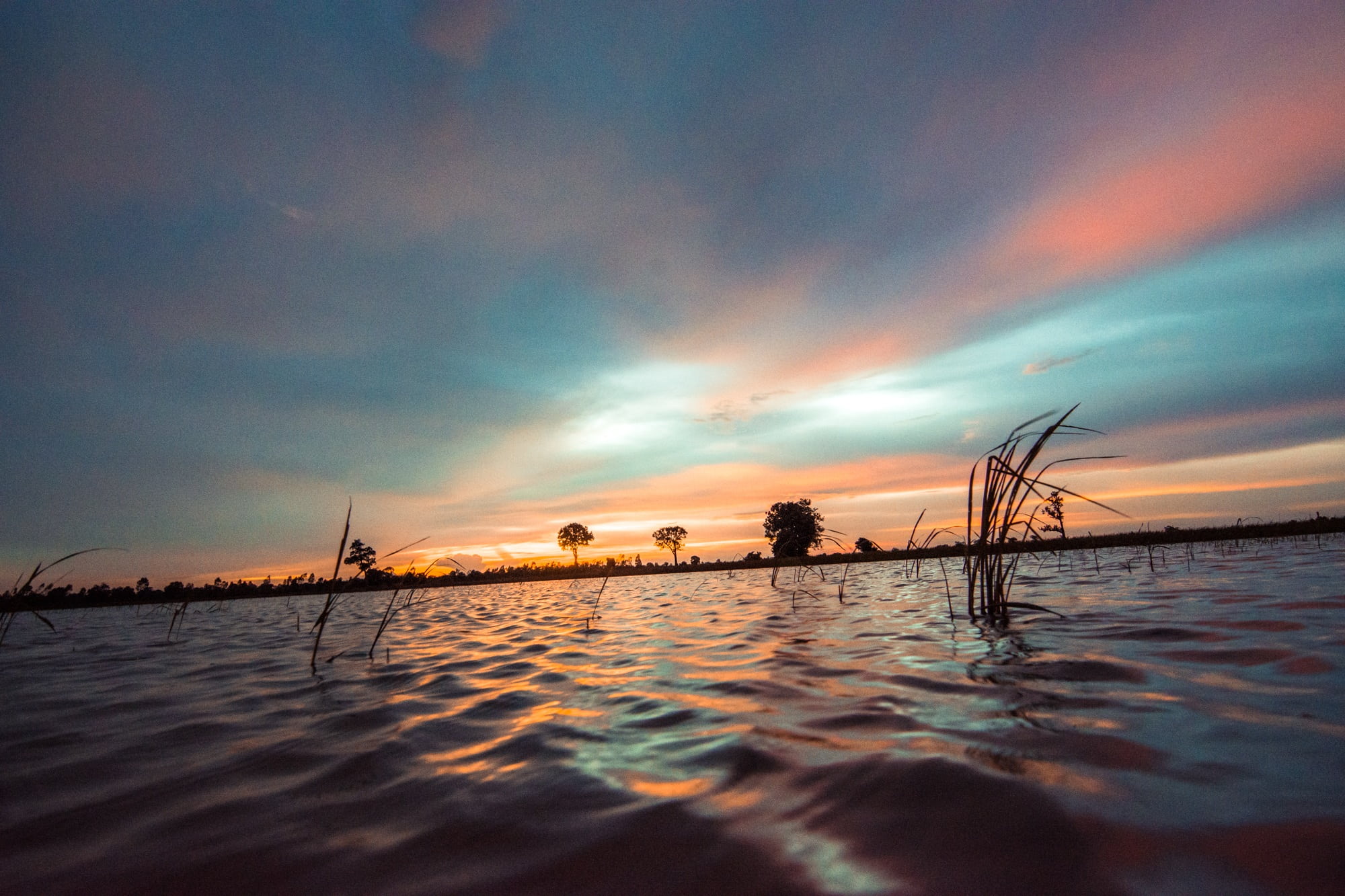 reflection, culture, transportation, sunset, thailand, sailboat, golf club, in the country, photo, farmland, 1080P, water, cambodia, cloud - sky, body, HD Wallpaper