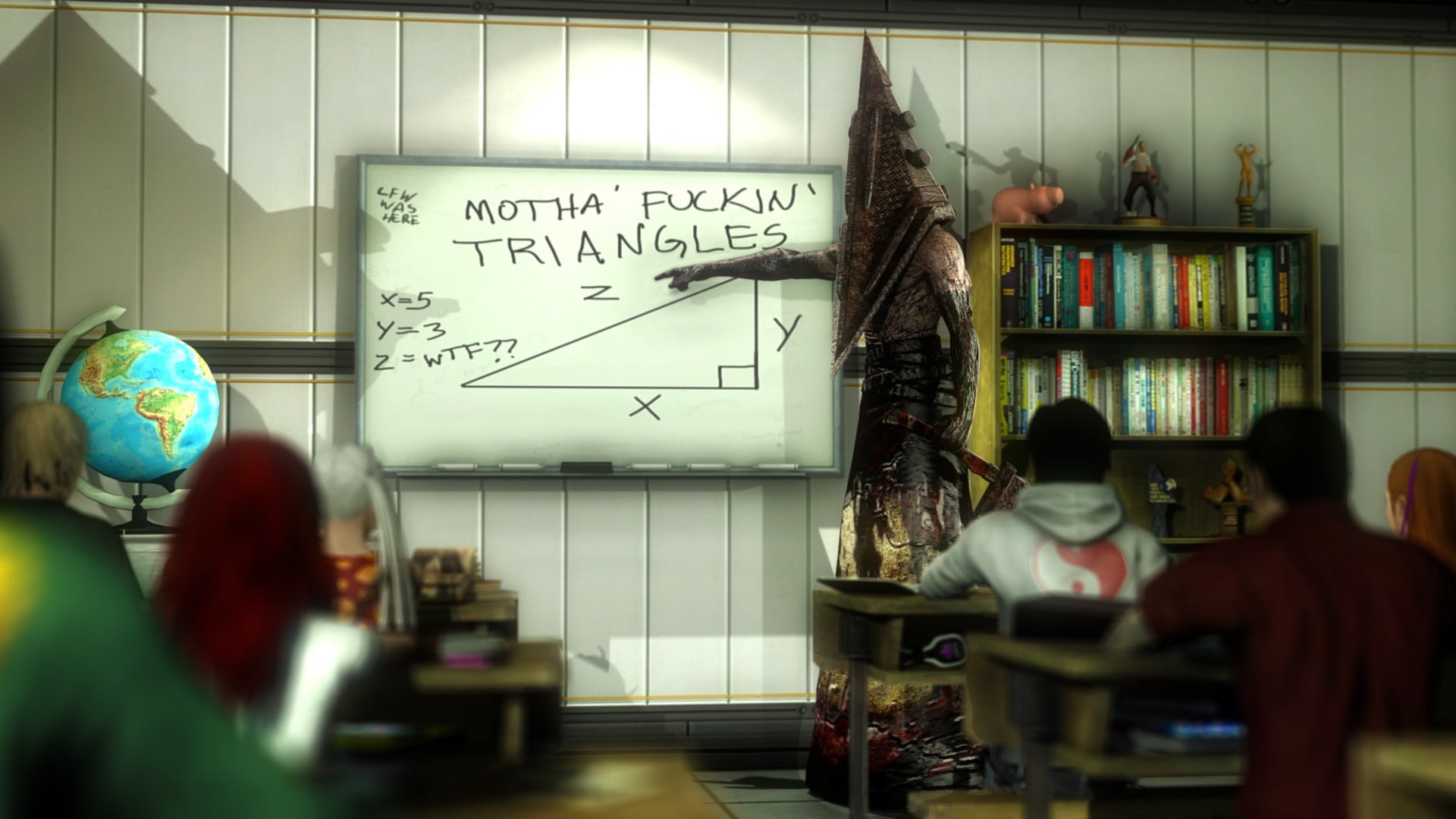 teacher, desks, Pyramid Head, triangle, 1080P, Silent Hill, school, the situation, students, lesson, class, Board, globe, HD Wallpaper