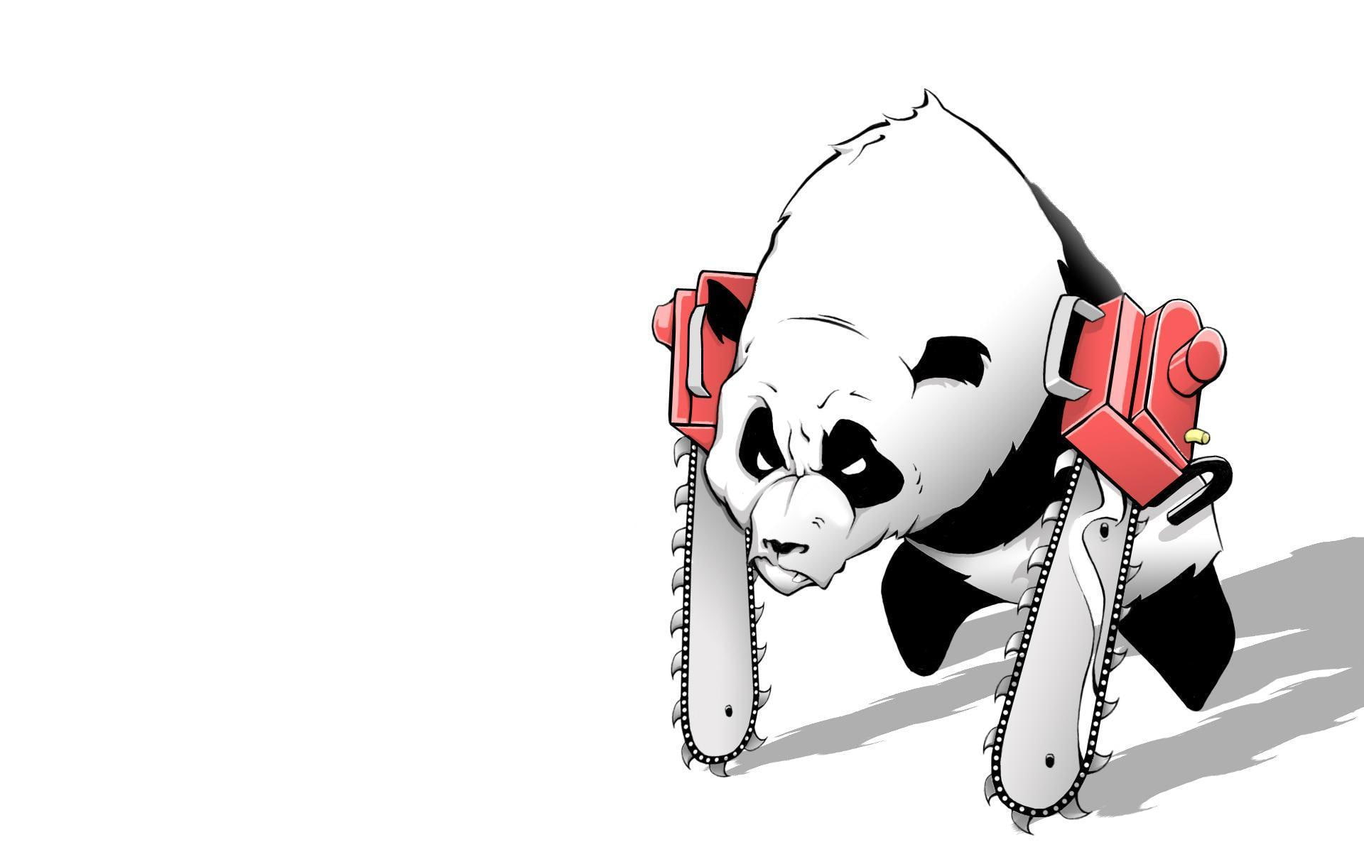 cool, cute, awesome, abstract, chainsaw, panda, pa, 3d and abstract, dangerous, 1080P, white, nice, black, HD Wallpaper