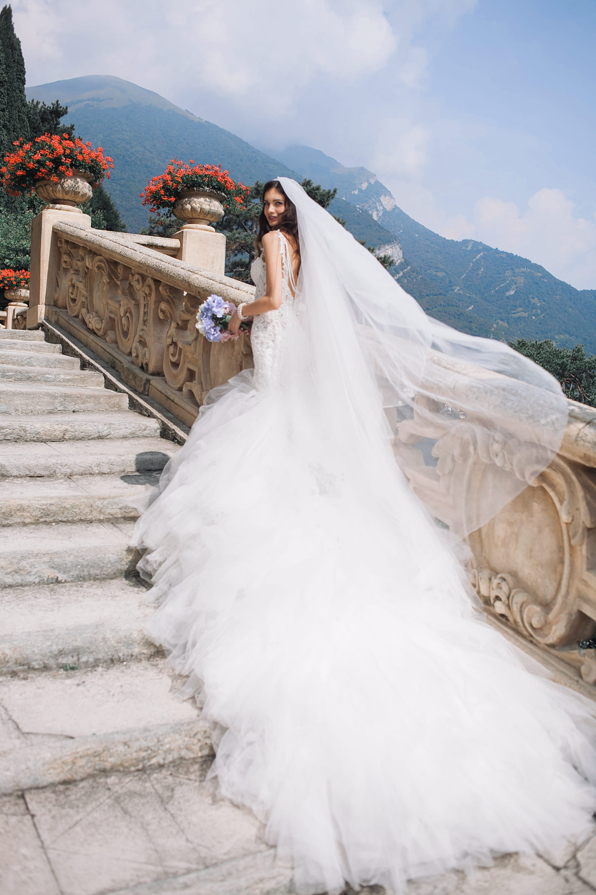 stairs, girl, female, mountain, blossom, newlywed, sky, white, wedding, real people, celebration, white color, apparel, flower arrangement, lifestyles, Phone HD Wallpaper