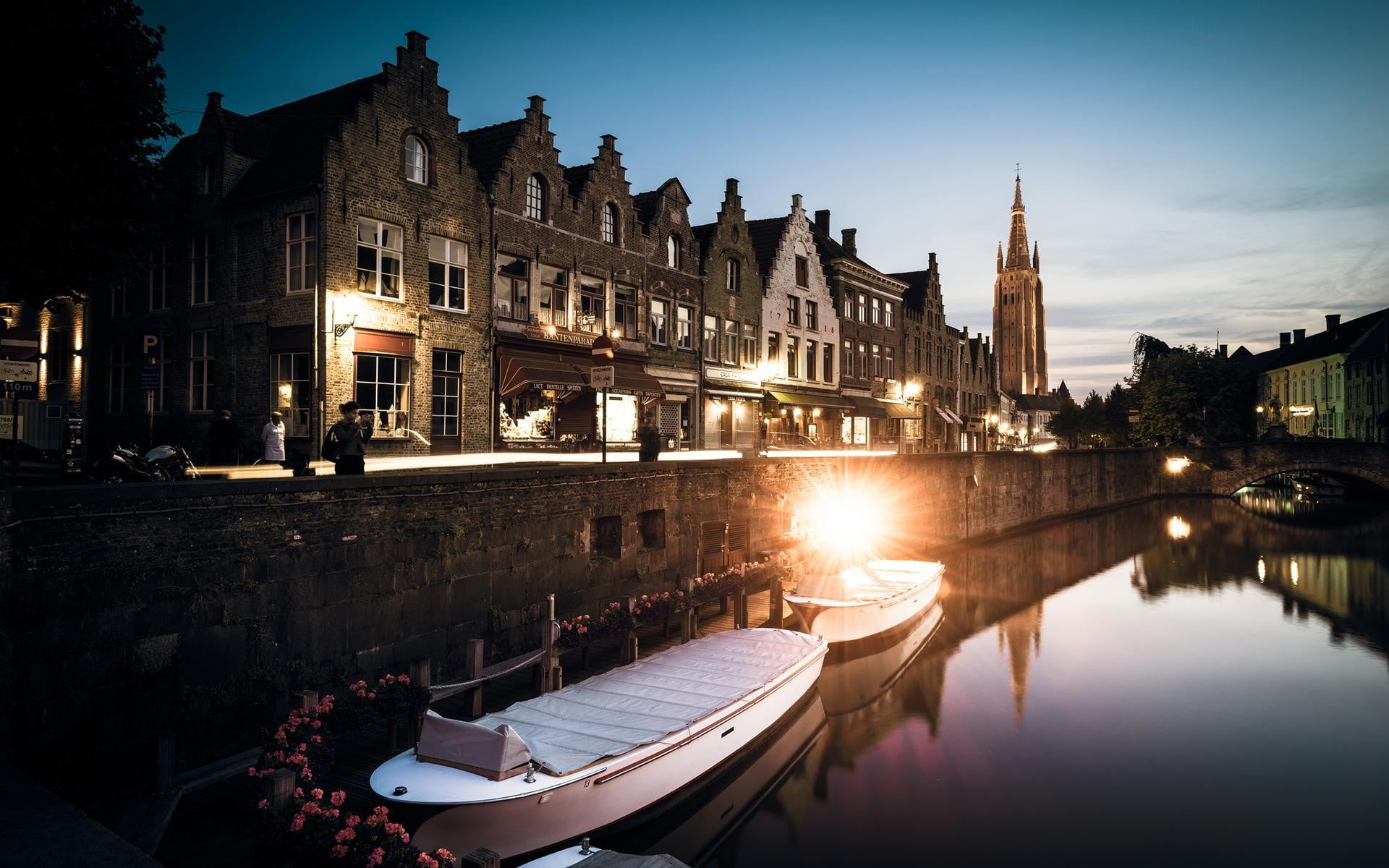 nautical vessel, river, city, sky, building, dining, photography, Brugge, urban, 1080P, transportation, architecture, Bruges, waterfront, wooden, canal, HD Wallpaper