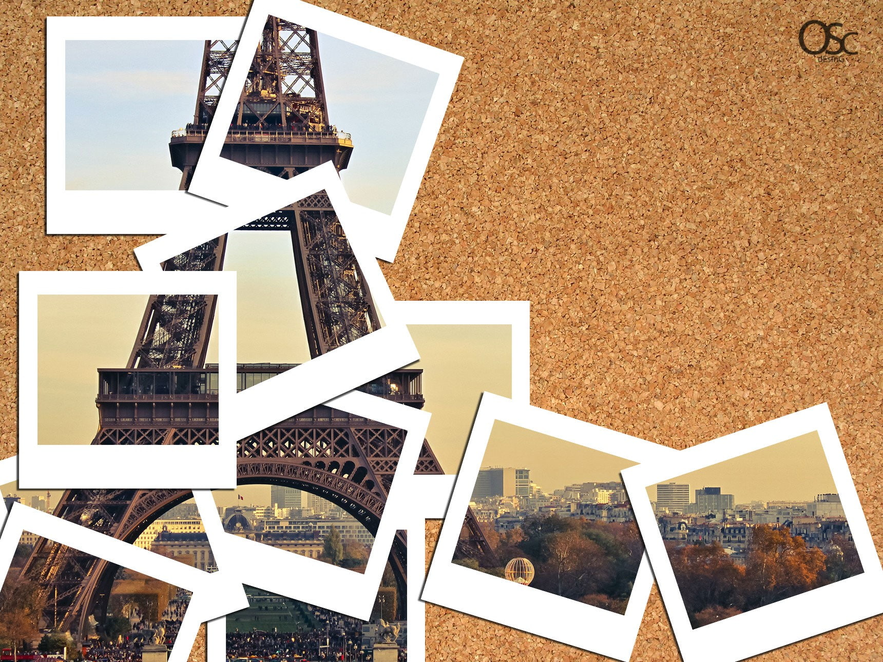 cityscape, corkboard, Paris, polaroids, 720P, digital art, collage, Eiffel Tower, HD Wallpaper
