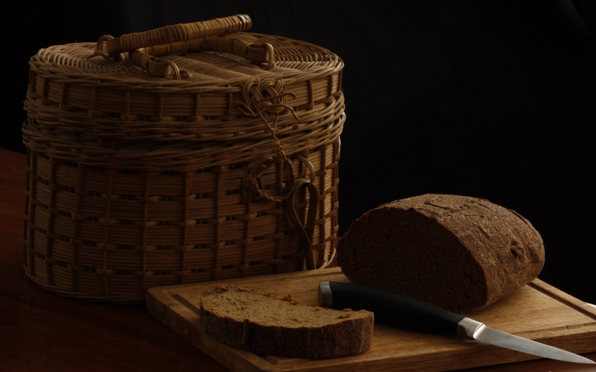 indoors, cork - stopper, food and drink, no people, table, kitchen utensil, basket, food, still life, wellbeing, container, wood - material, brown, black background, HD Wallpaper