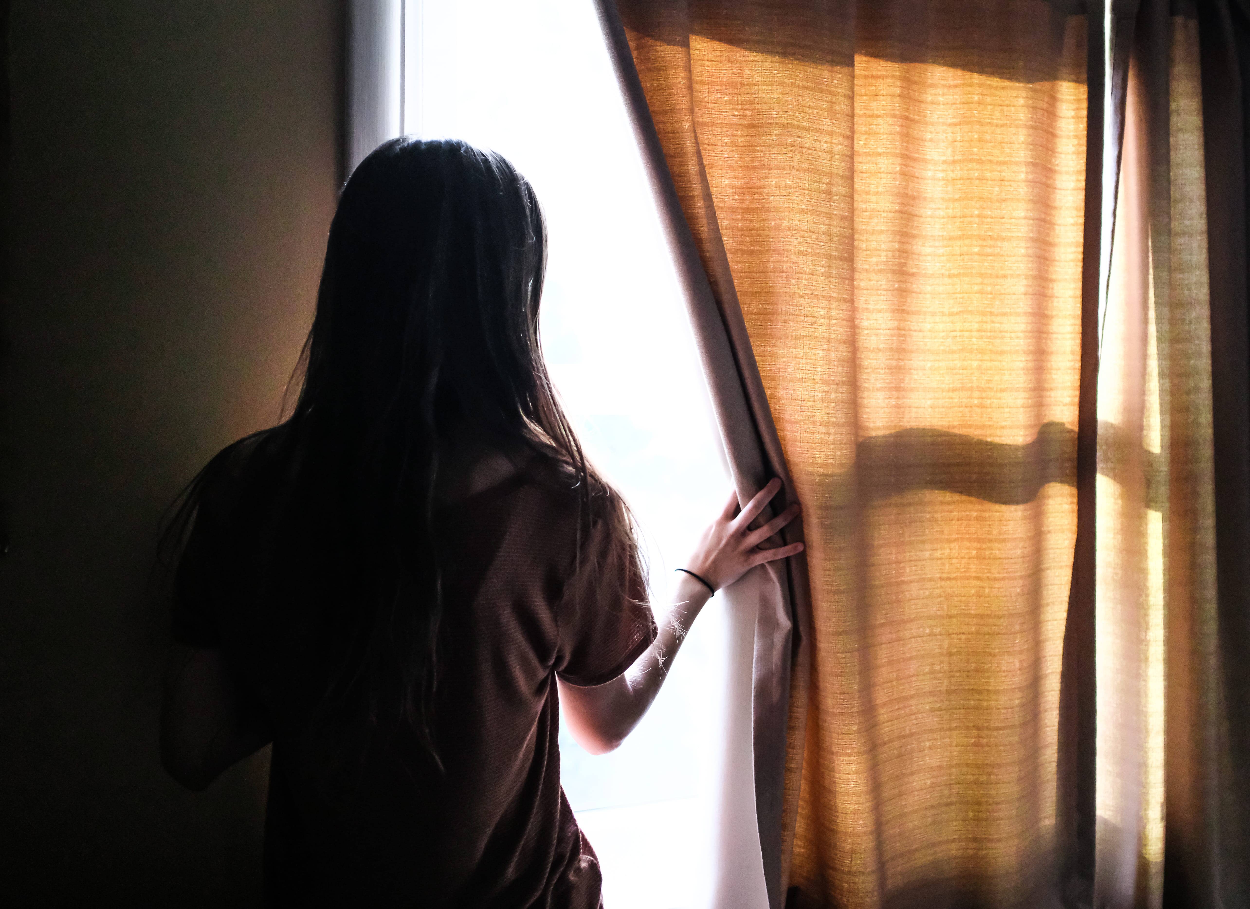 adult, long hair, day, hair, 5K, harsh light, rear view, young adult, real people, one person, looking out, lifestyles, depression - sadness, shadow, women, HD Wallpaper