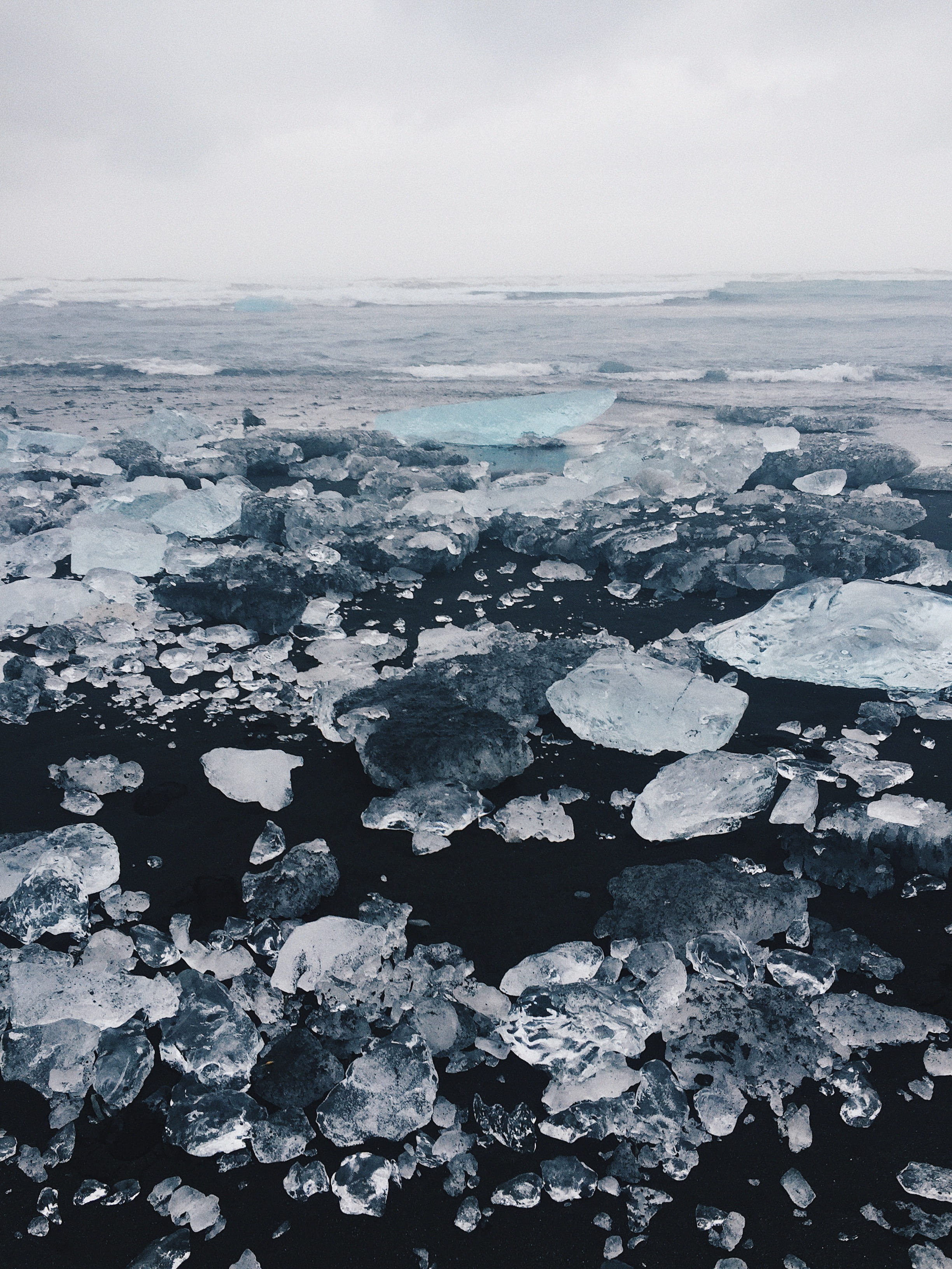 outdoor, view, glacier lagoon, ze, pieces, glacier, frost, water, cold, sky, crystal, frozen, body, no people, solid, harsh, landscape, floe, ice, 2K, Phone HD Wallpaper