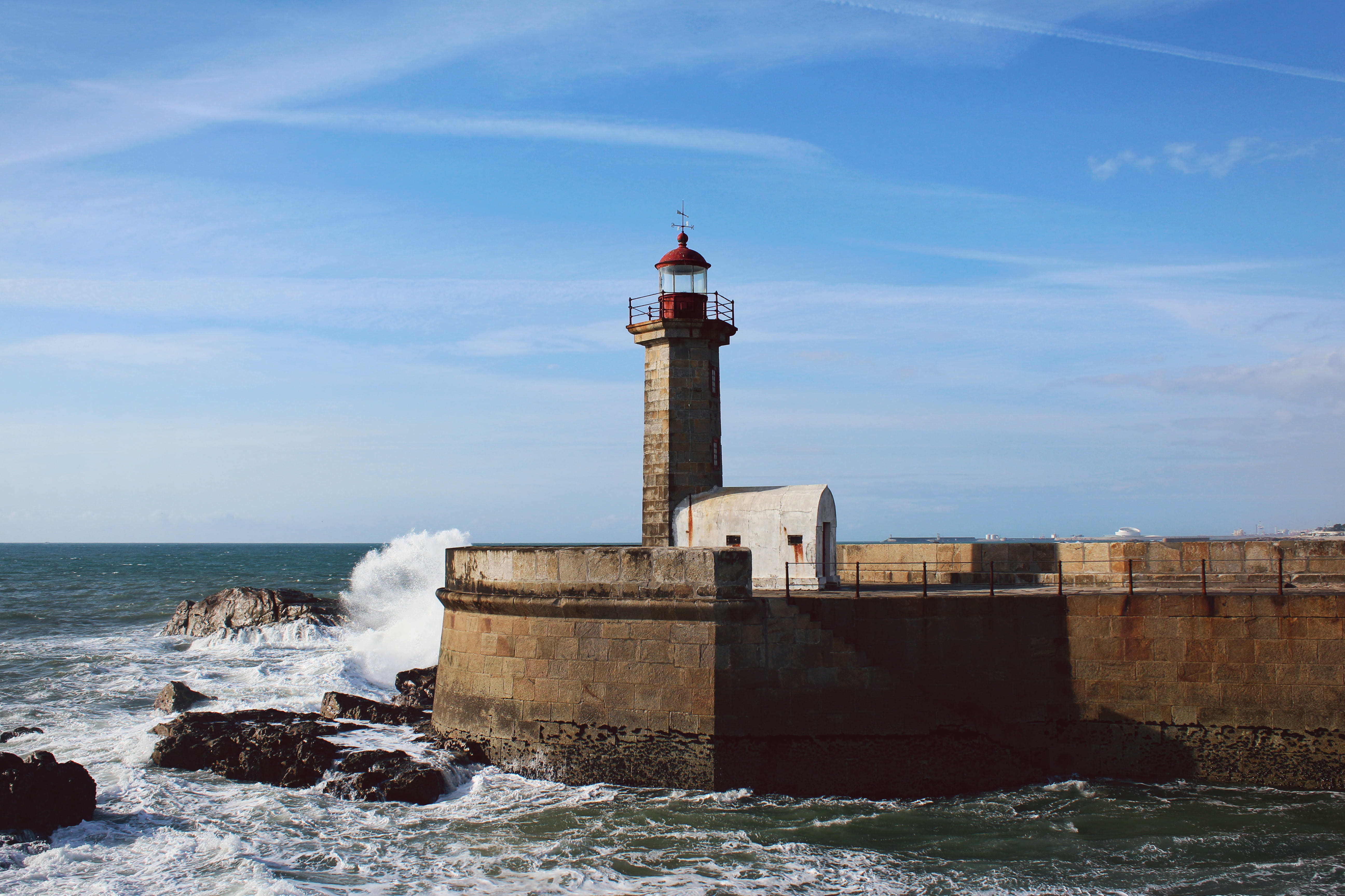 water, azul, architecture, 5K, day, waves, built structure, wave, tower, building, solid, sky, stone, building exterior, atlantic, sea, outdoors, HD Wallpaper