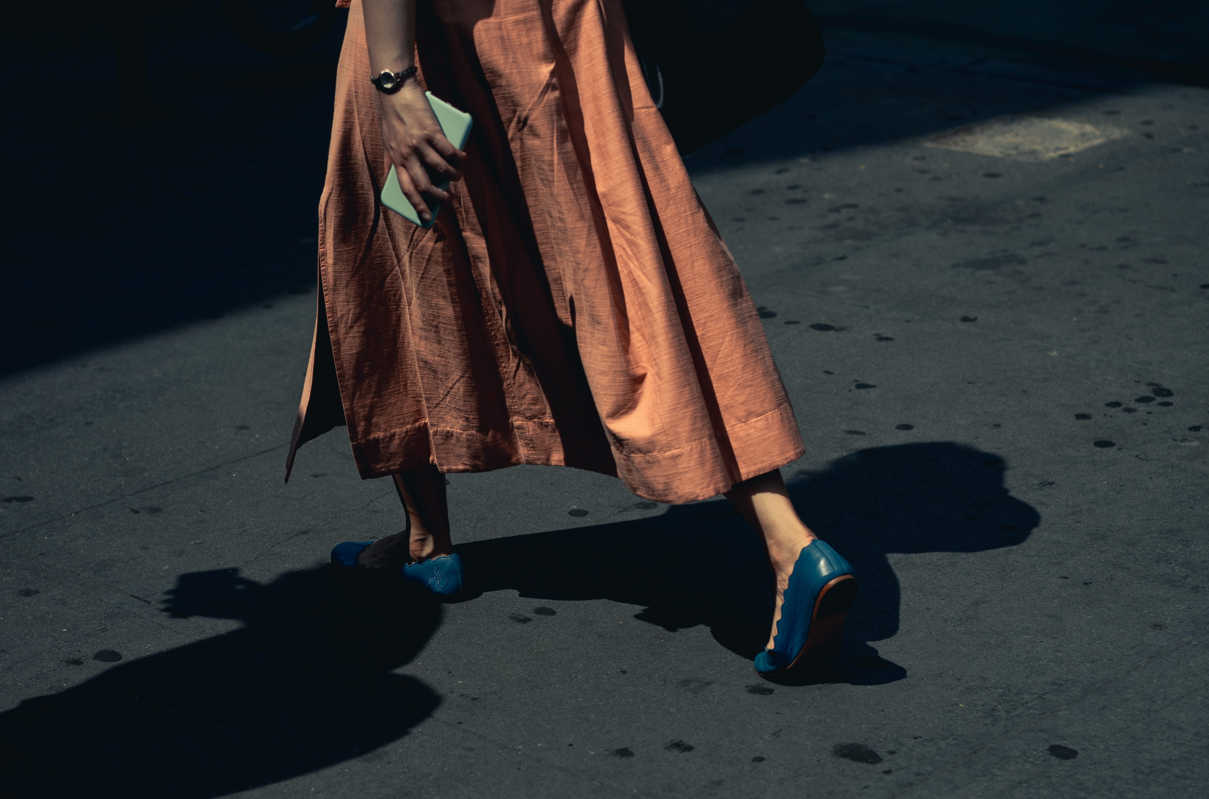 sunlight, dress, contrast, one Person, female, human Leg, walking, wrist watch, human Foot, person, black Color, women, watch, street photo, lady, brown, HD Wallpaper