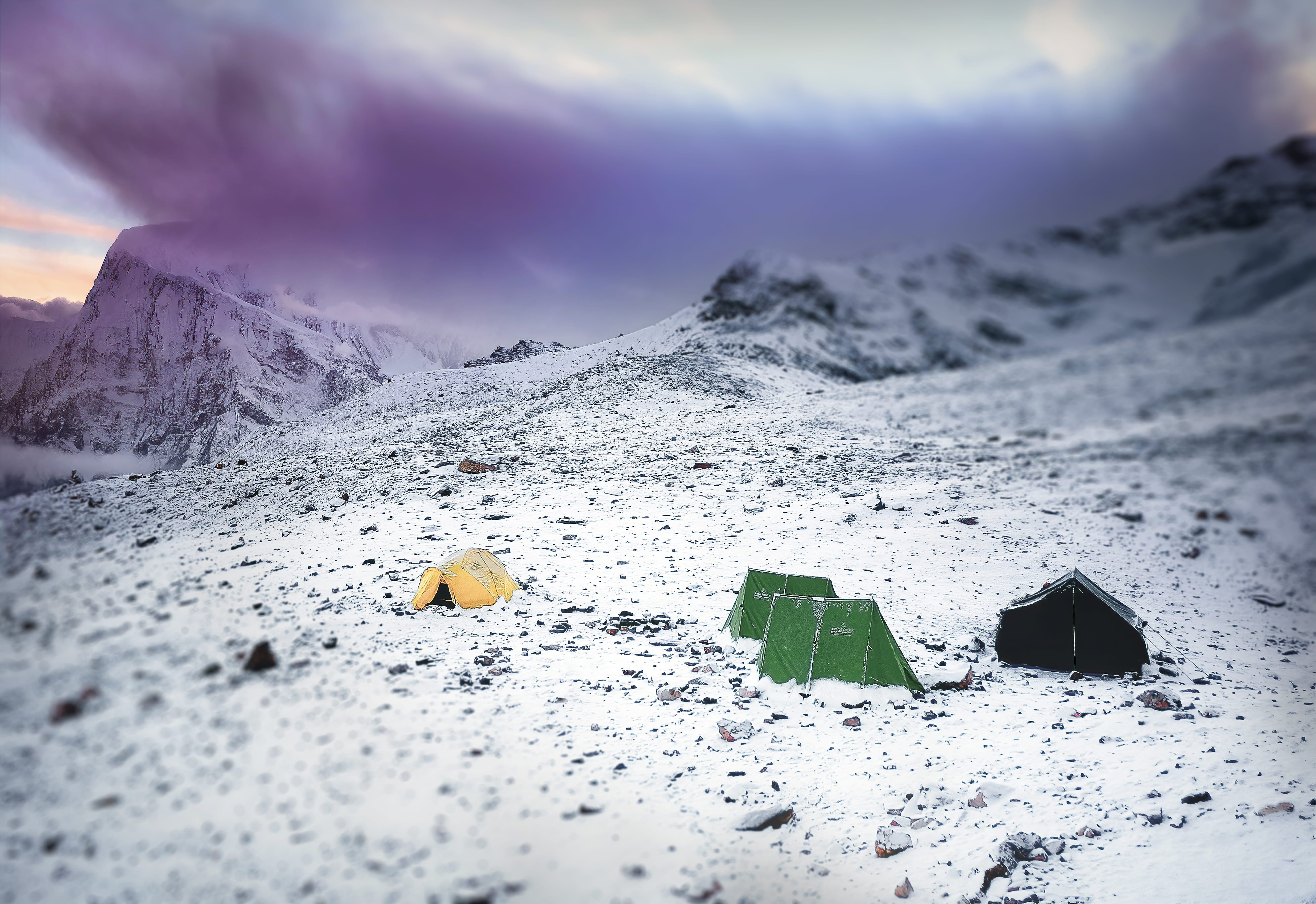 harsh, icy, leisure activities, snow, ice, mountaineering, outdoors, environment, yellow, day, landscape, nature, cold, sky, climbing, middle, nepal, tent, HD Wallpaper