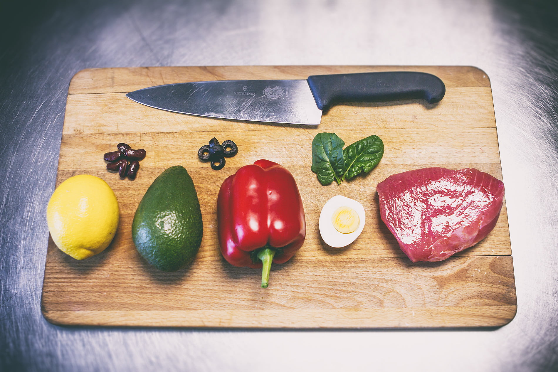 cook, meat, fruit, 720P, food and drink, avocado, chili, kitchen knife, tray, table knife, spinach, still life, handled, egg, fruits, black, chopping, HD Wallpaper