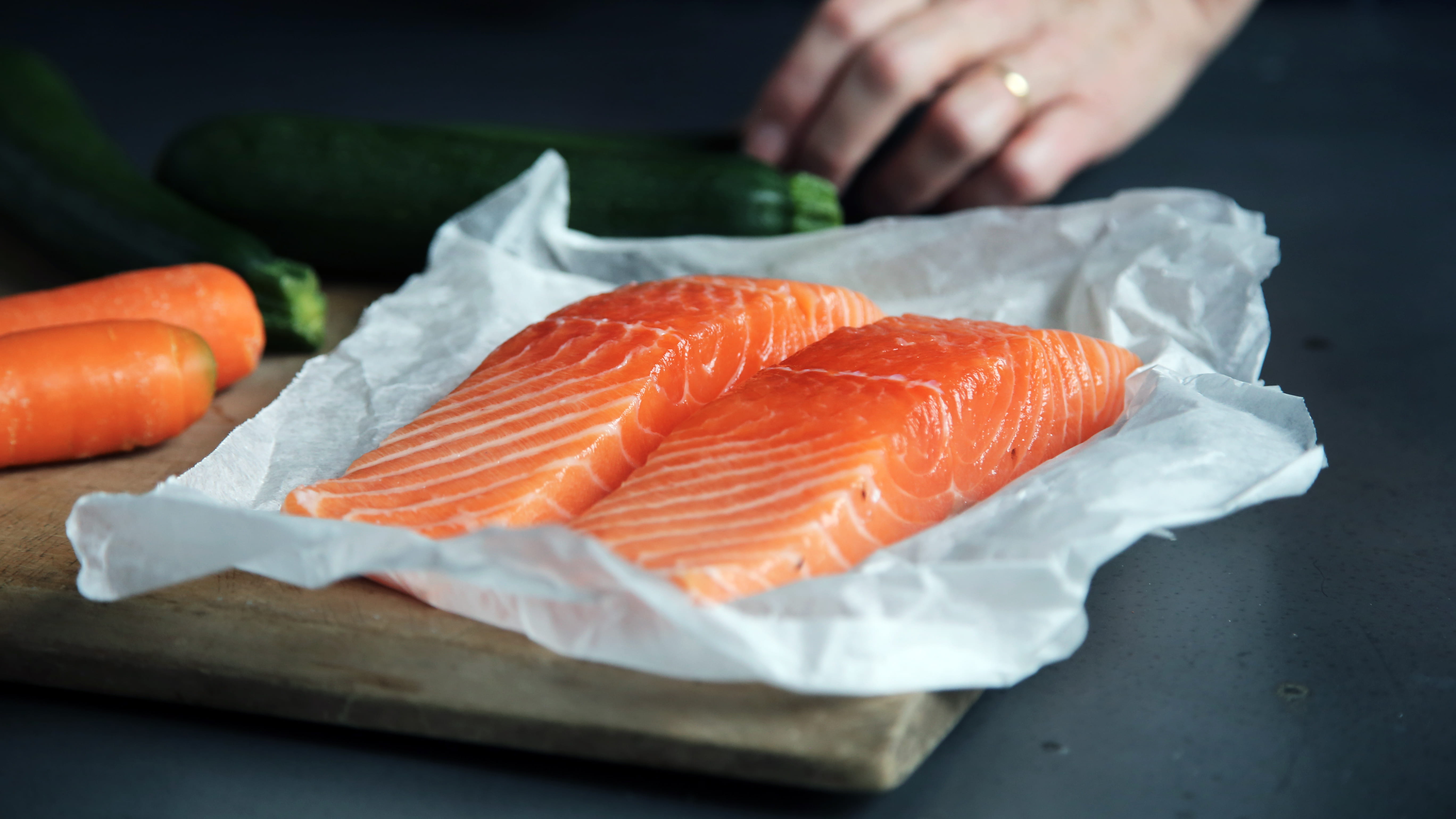 chef, preparation, food and drink, sashimi, salmon, chopping, dinner, carrot, ring, indoors, human body part, vegetable, japanese food, seafood, 5K, color orange, HD Wallpaper