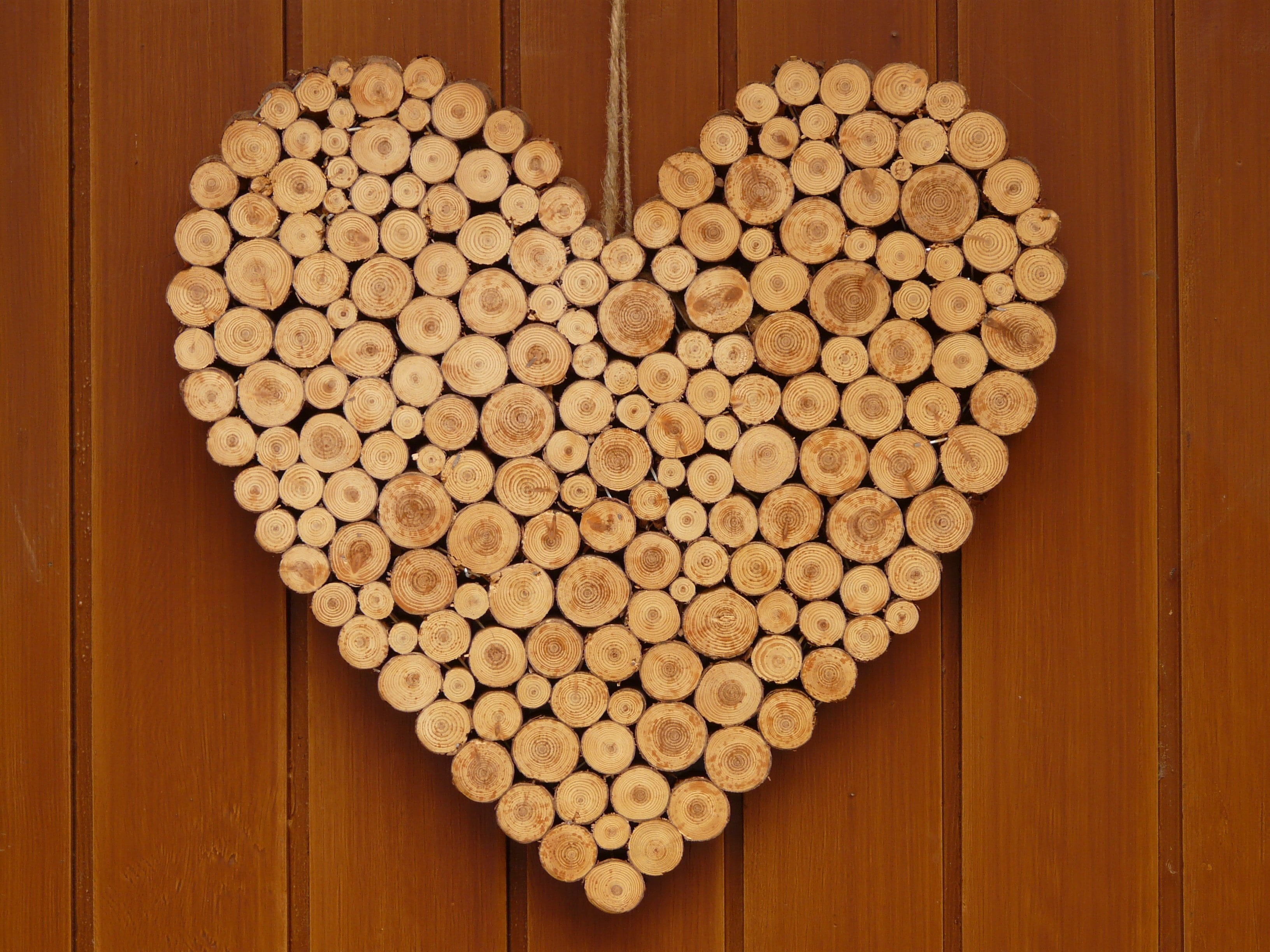 shape, decor, emotion, wood, directly above, wood - material, romantic, still life, 2K, love, brown, design, wooden heart, studio shot, close-up, large group of objects, HD Wallpaper