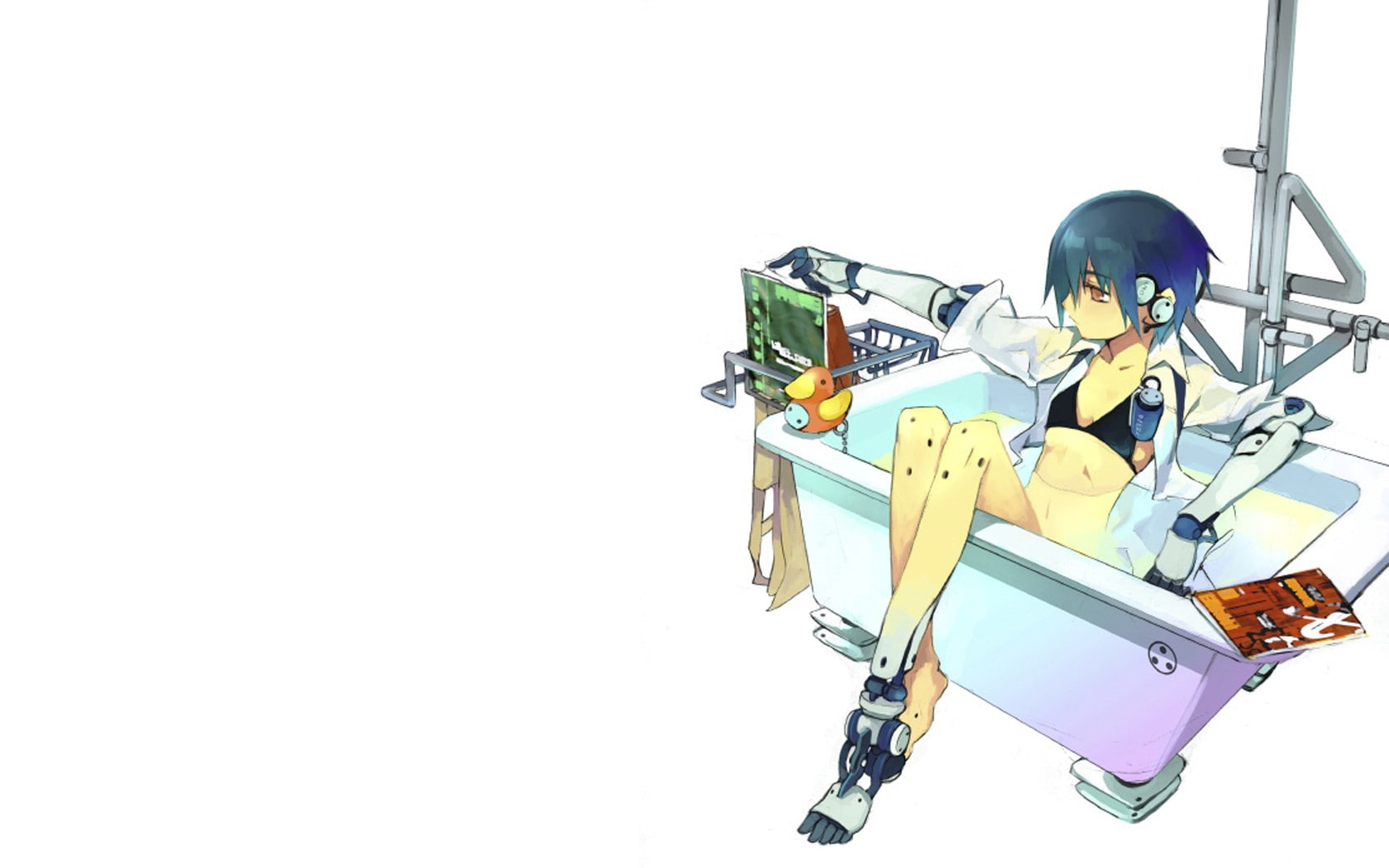 girls, animals, anime, art, ducks, bathing, implants, people, duck, pixiv, x, hd, cyborgs, 720P, HD Wallpaper