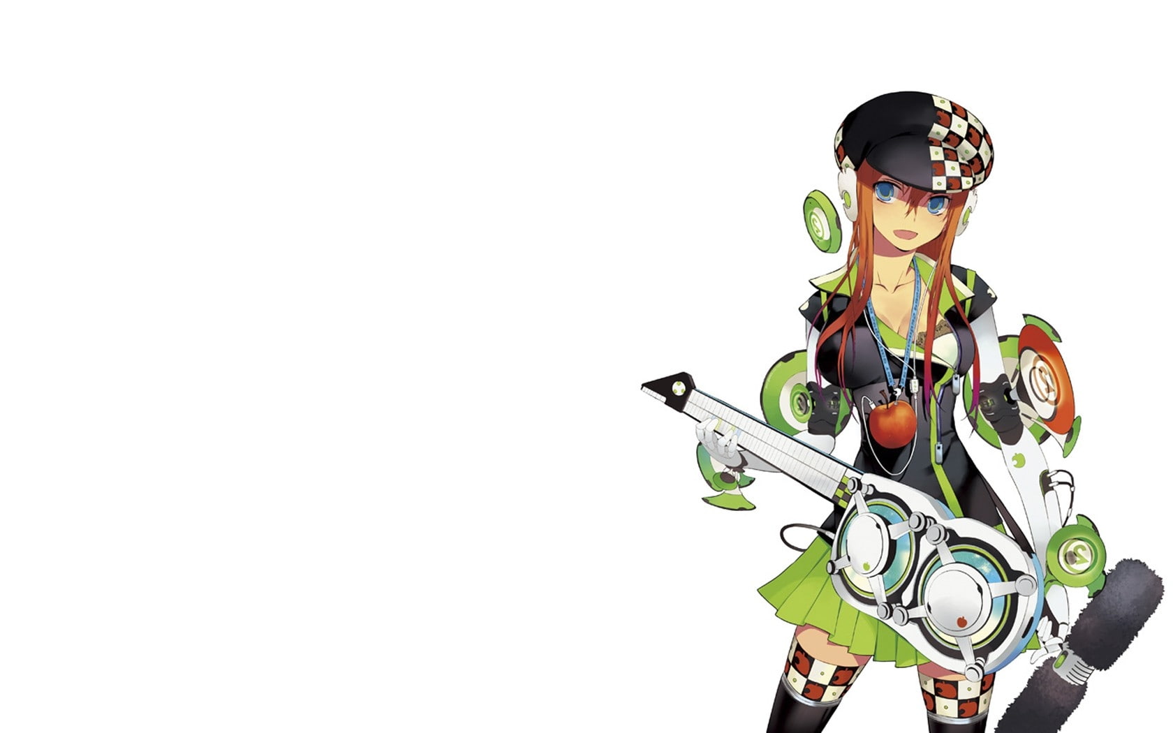 720P, girls, Blue Eyes, art, implants, apples, background, x, blue, guitars, people, cyborgs, hd, pixiv, eyes, apple, technology, hats, anime, white, HD Wallpaper