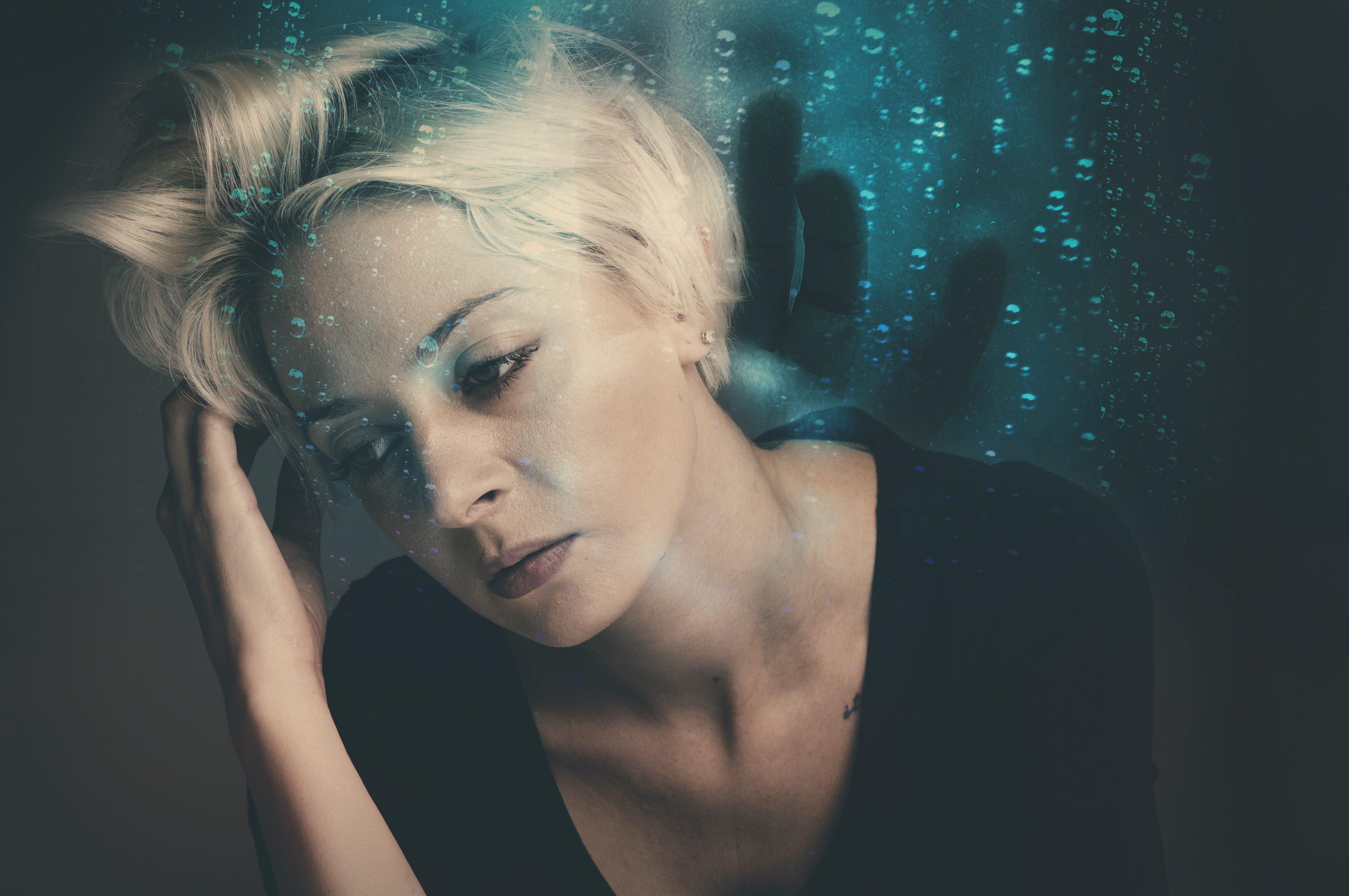 headshot, adult, touching, top, looking, portrait, black background, close-up, young women, one person, head, emotion, hair, worried, beauty, stress, indoors, HD Wallpaper