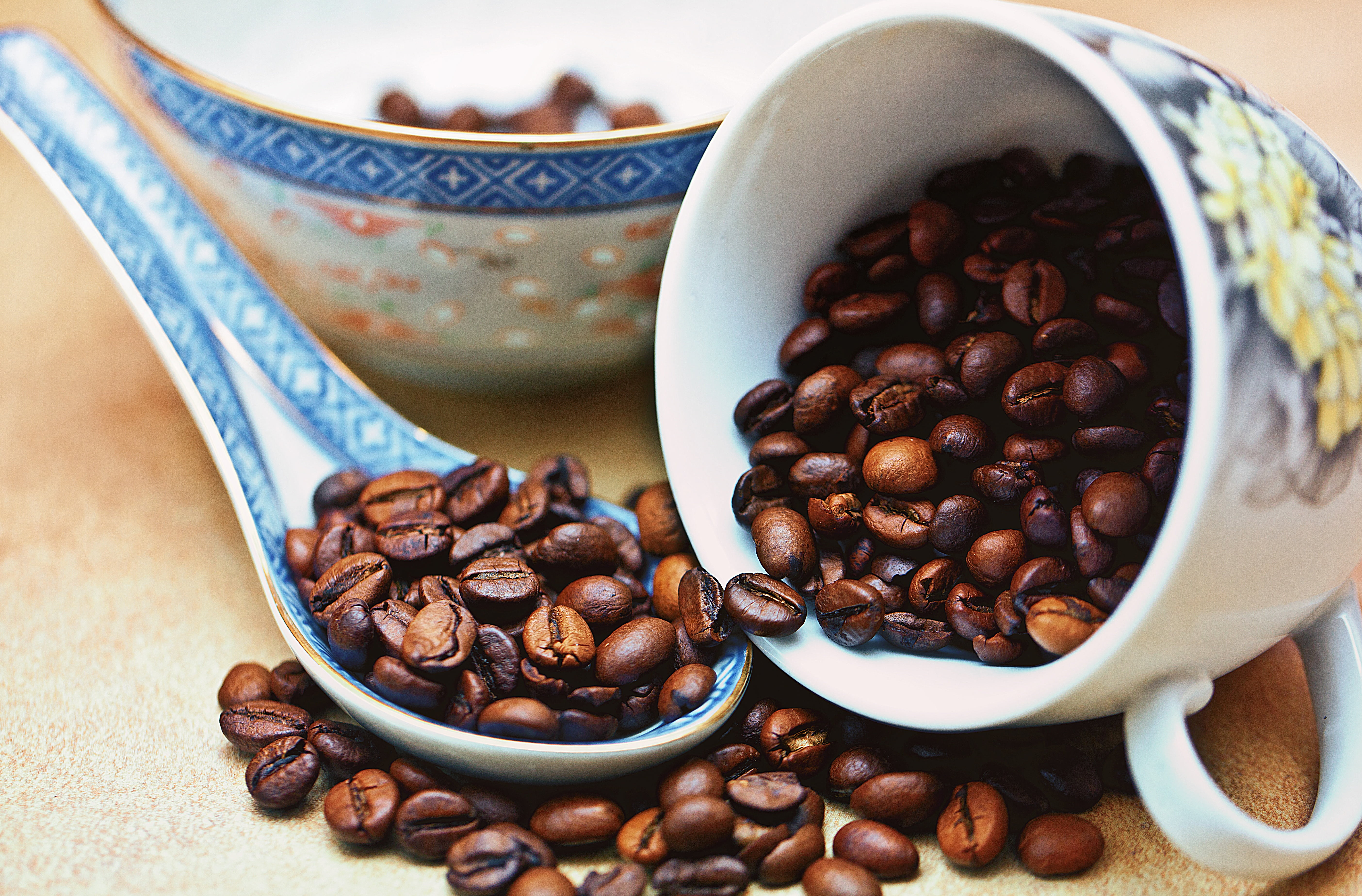 food, panel, bowl, caffeine, 5K, coffee cup, indoors, espresso, cup, freshness, close-up, refreshment, coffee beans, roasted coffee bean, spoon, no people, HD Wallpaper
