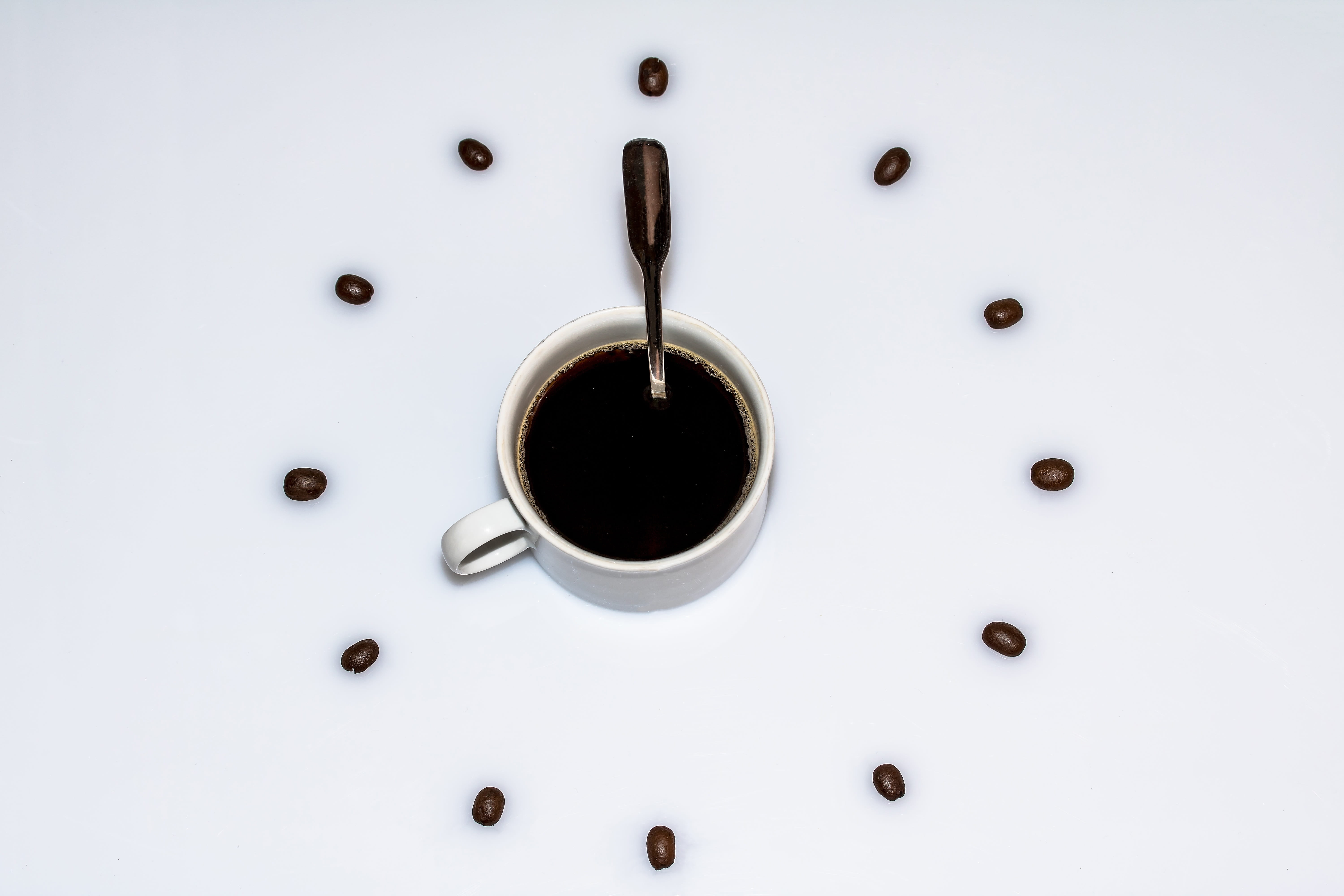 stimulant, metal, clock, time of, steel, aroma, drink, studio shot, coffee, face, black color, anthropomorphic, anthropomorphic face, cup, 5K, break, white color, HD Wallpaper
