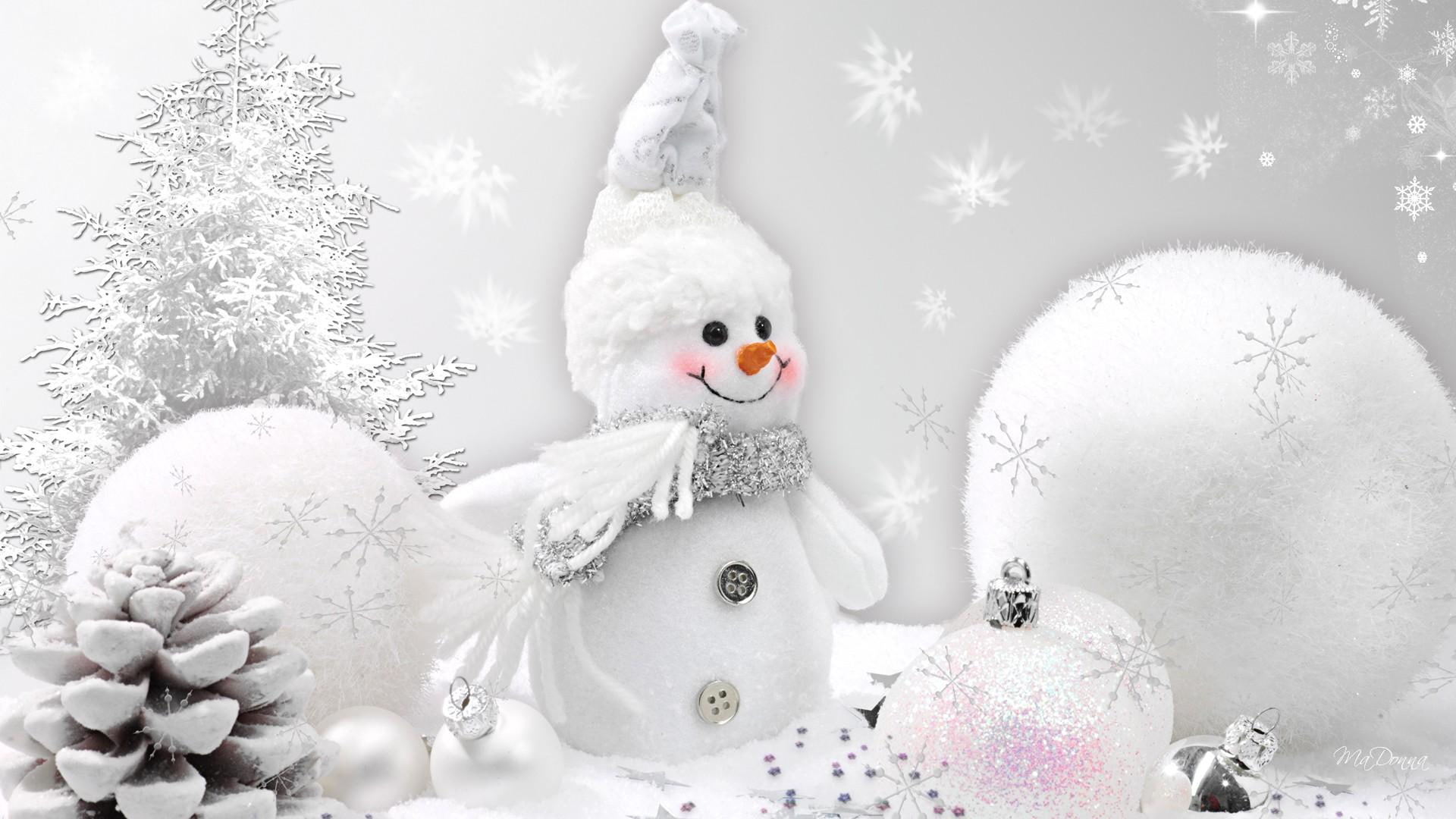 snowing, decorations, snowballs, snowman, sparkle, snowflakes, cold, 1080P, white, christmas, sweet, pine cones, HD Wallpaper