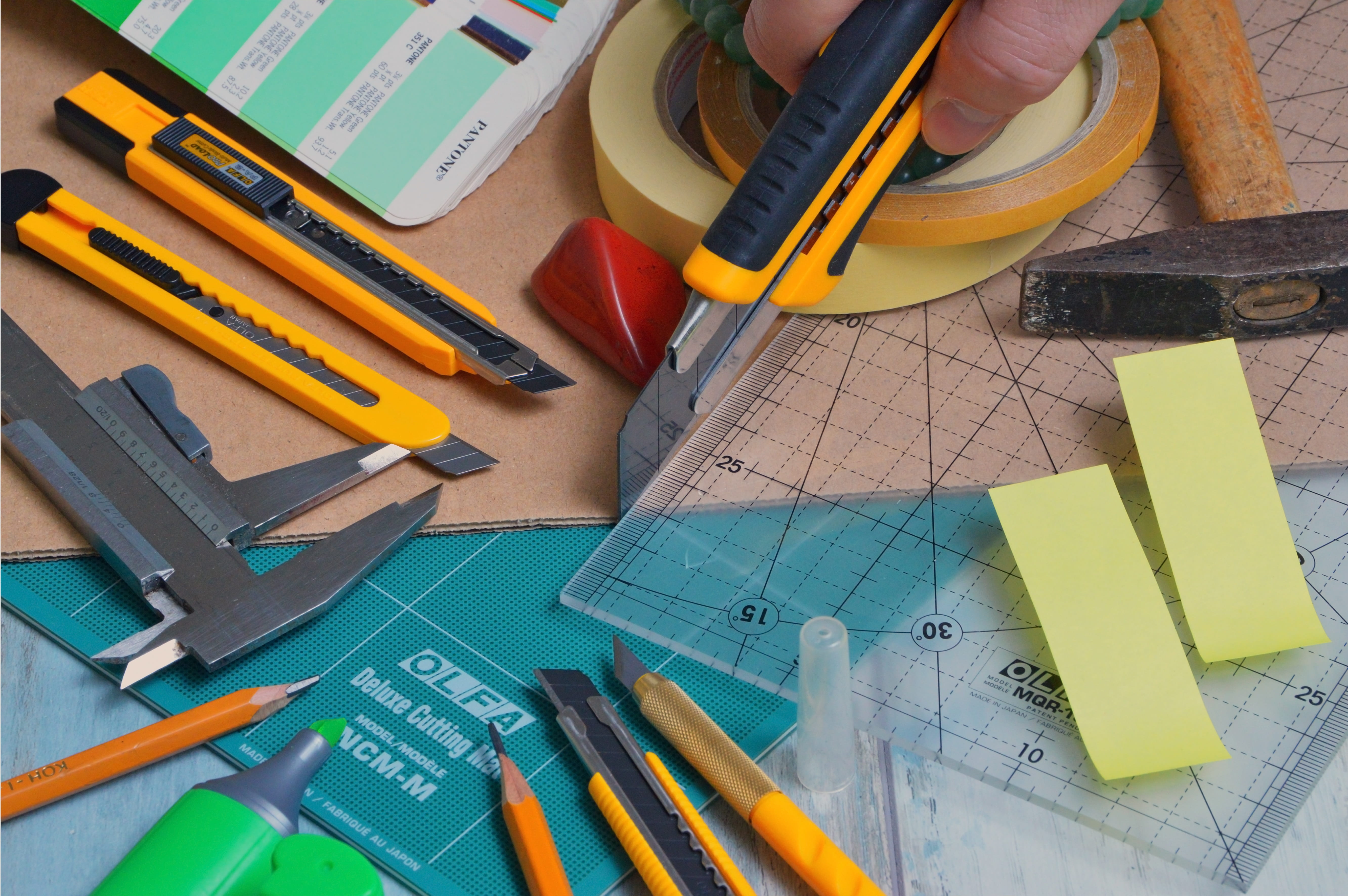 pencil, high angle view, still life, table, pen, adhesive tape, craft, hammer, art and craft, no people, scissors, large group of objects, self-adhesive, HD Wallpaper