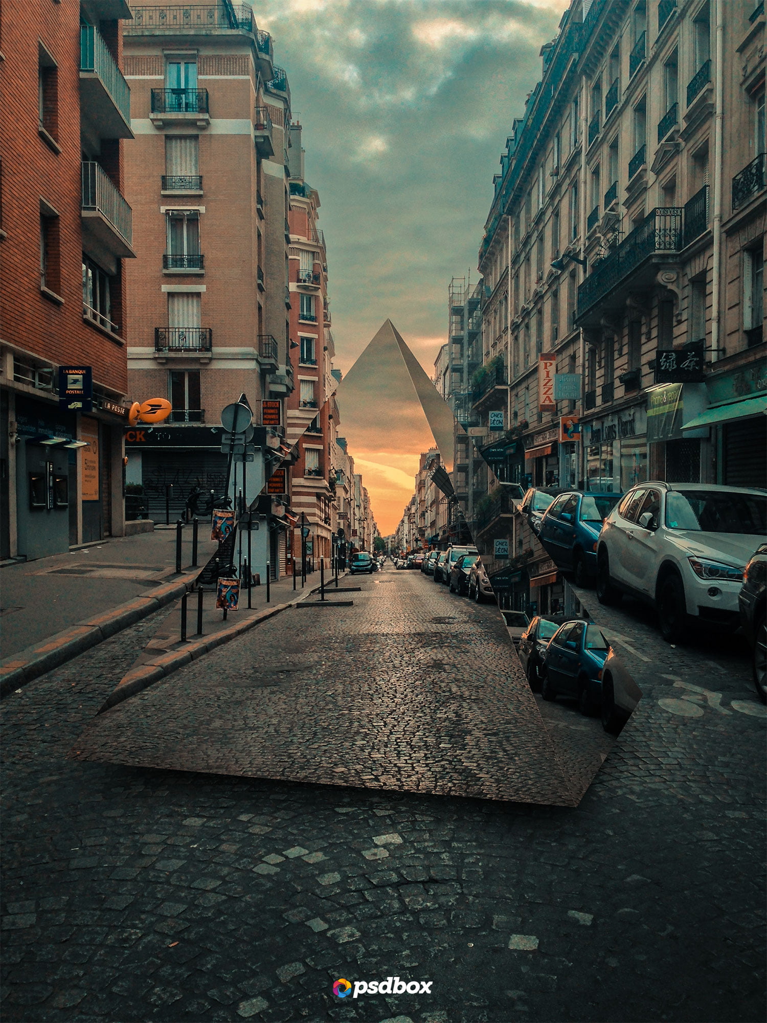 sunset, nature, direction, 1080P, the way forward, outdoors, white, motor vehicle, pyramid, building exterior, building, road, concrete, optical illusion, Phone HD Wallpaper