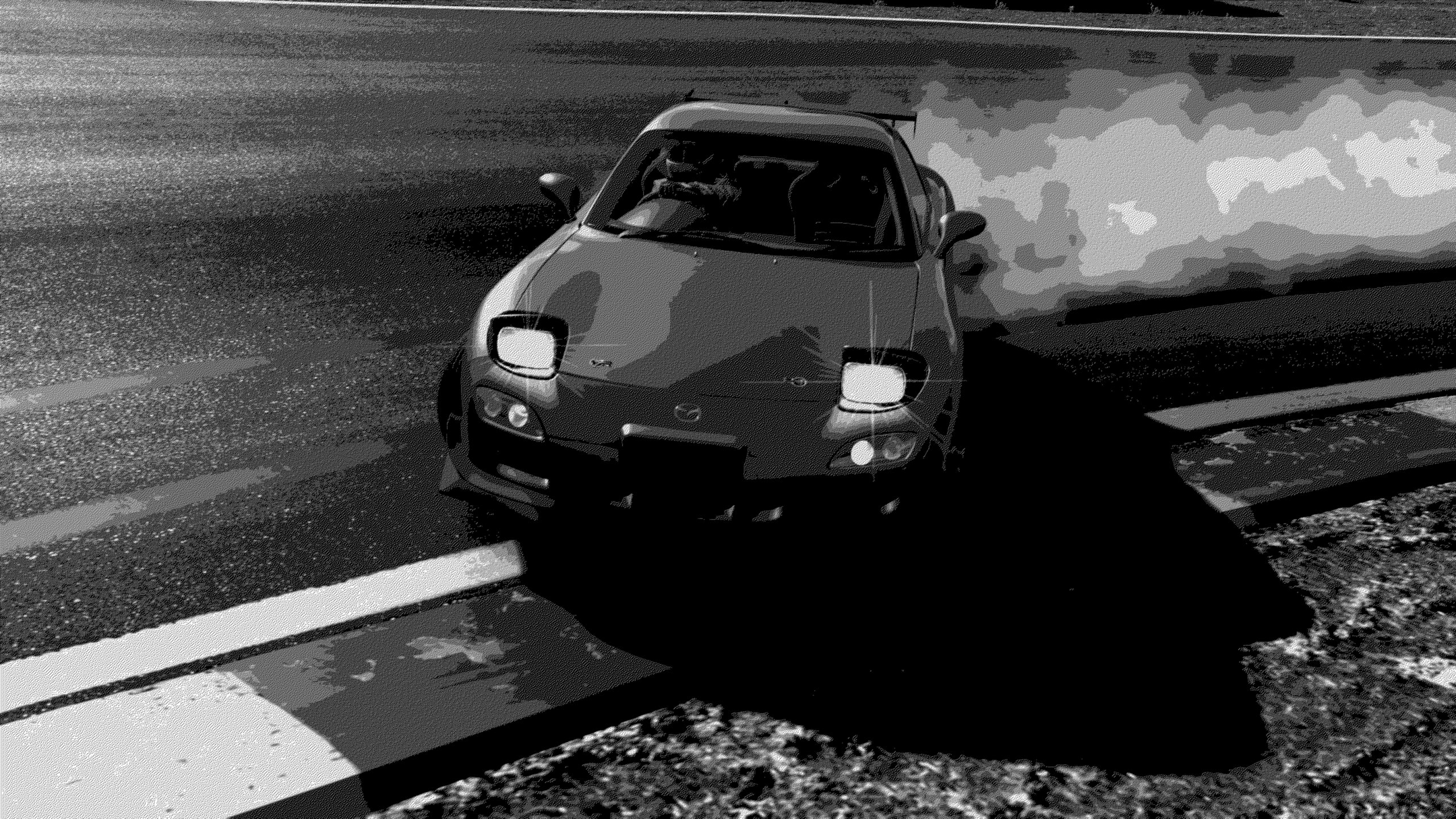 outdoors, stationary, nature, land vehicle, architecture, rx7, black, monochrome, high angle view, road, sunlight, motor vehicle, no people, transportation, HD Wallpaper