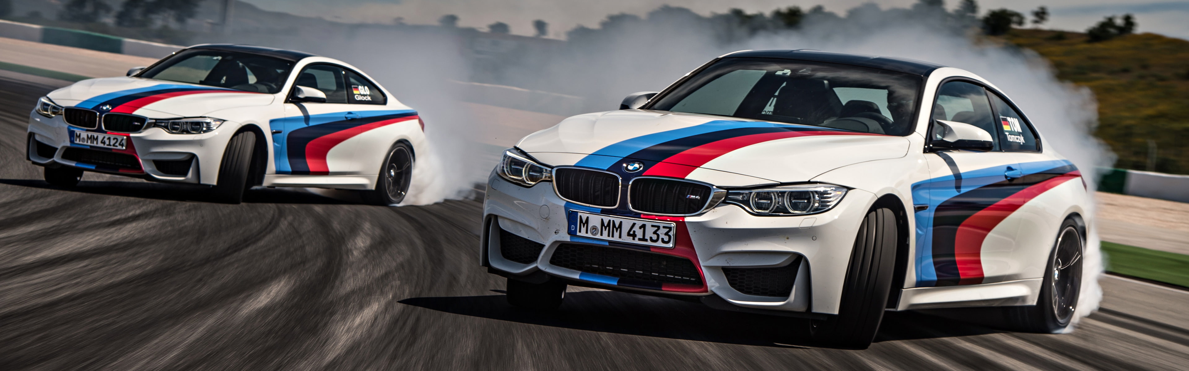 sports race, racecar, motion, transportation, bmw m4 race tracks drifting car vehicle motion blur smoke dual monitors multiple display, motorsport, success, HD Wallpaper