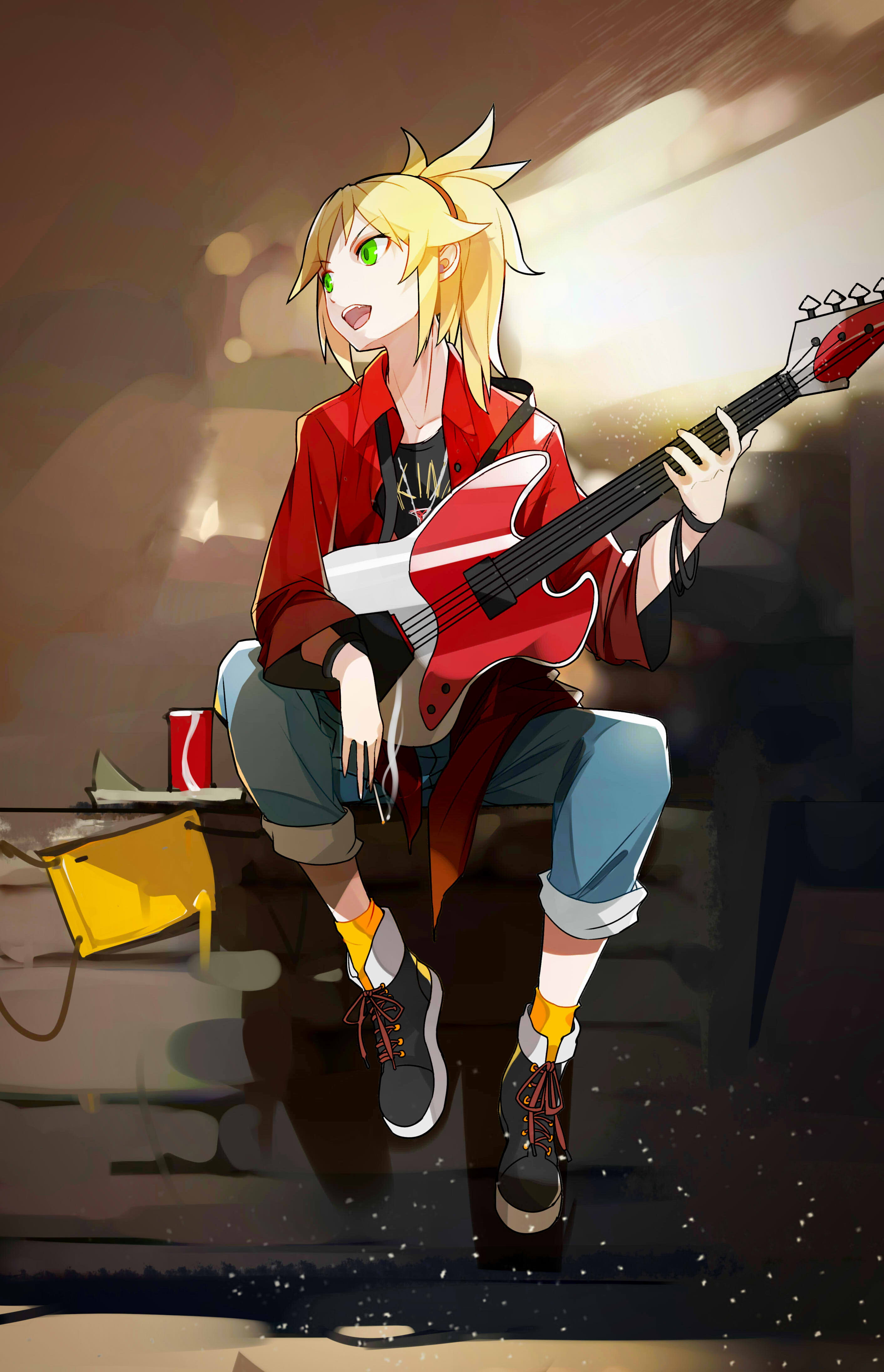 4K, green eyes, Fate/Apocrypha, Fate Series, guitar, smoking, cigarettes, Mordred (Fate/Apocrypha), anime girls, Phone HD Wallpaper