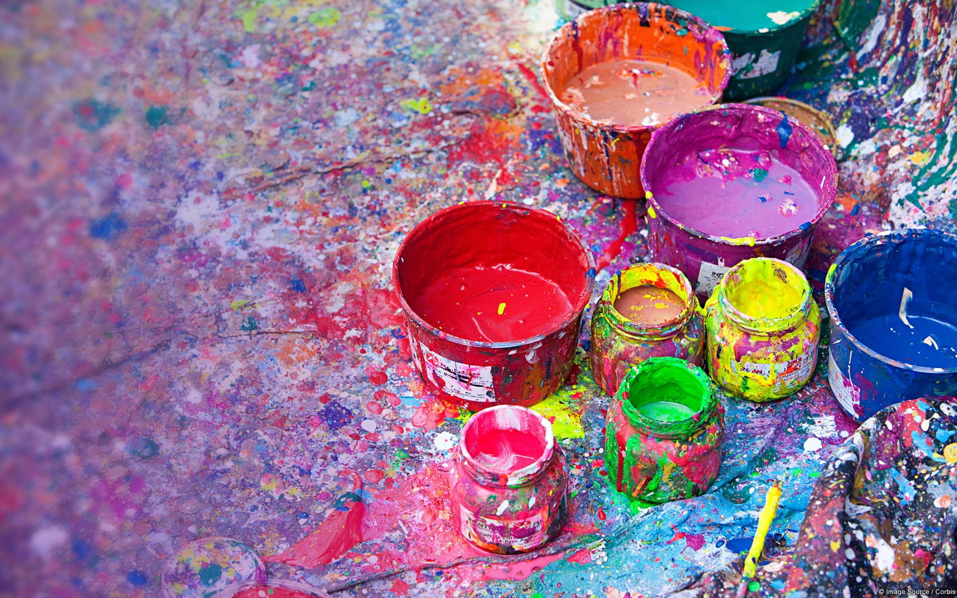 paintbrush, no people, cans, creativity, close-up, multi colored, spray, theme, paint can, 1080P, bucket, art and craft, art and craft equipment, high angle view, HD Wallpaper