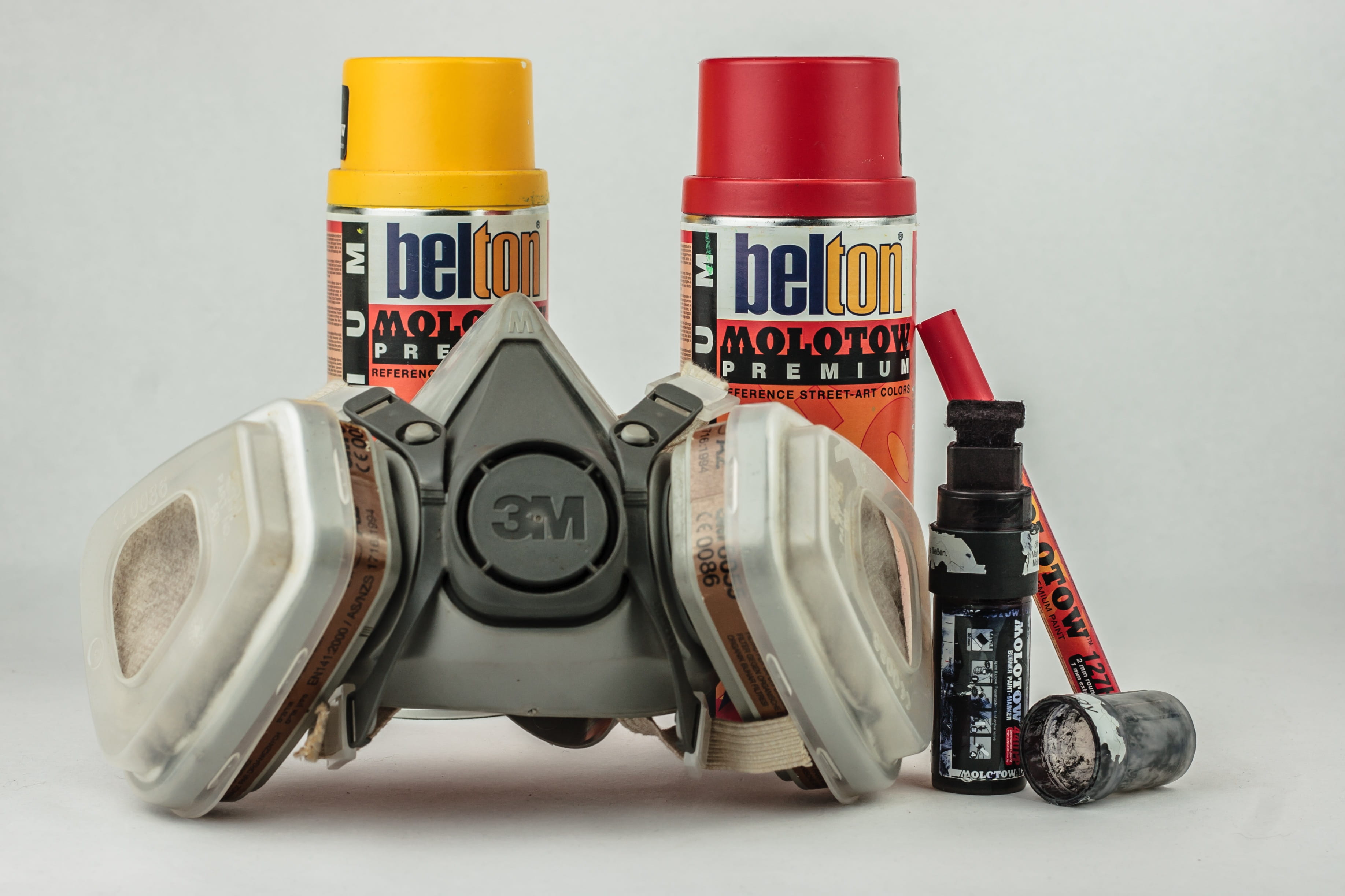 colorful, equipment, robot, box, protective mask, 2K, close-up, spray can, red, grafitti, grafitty, spray, motor vehicle, wheel, transportation, paint, HD Wallpaper