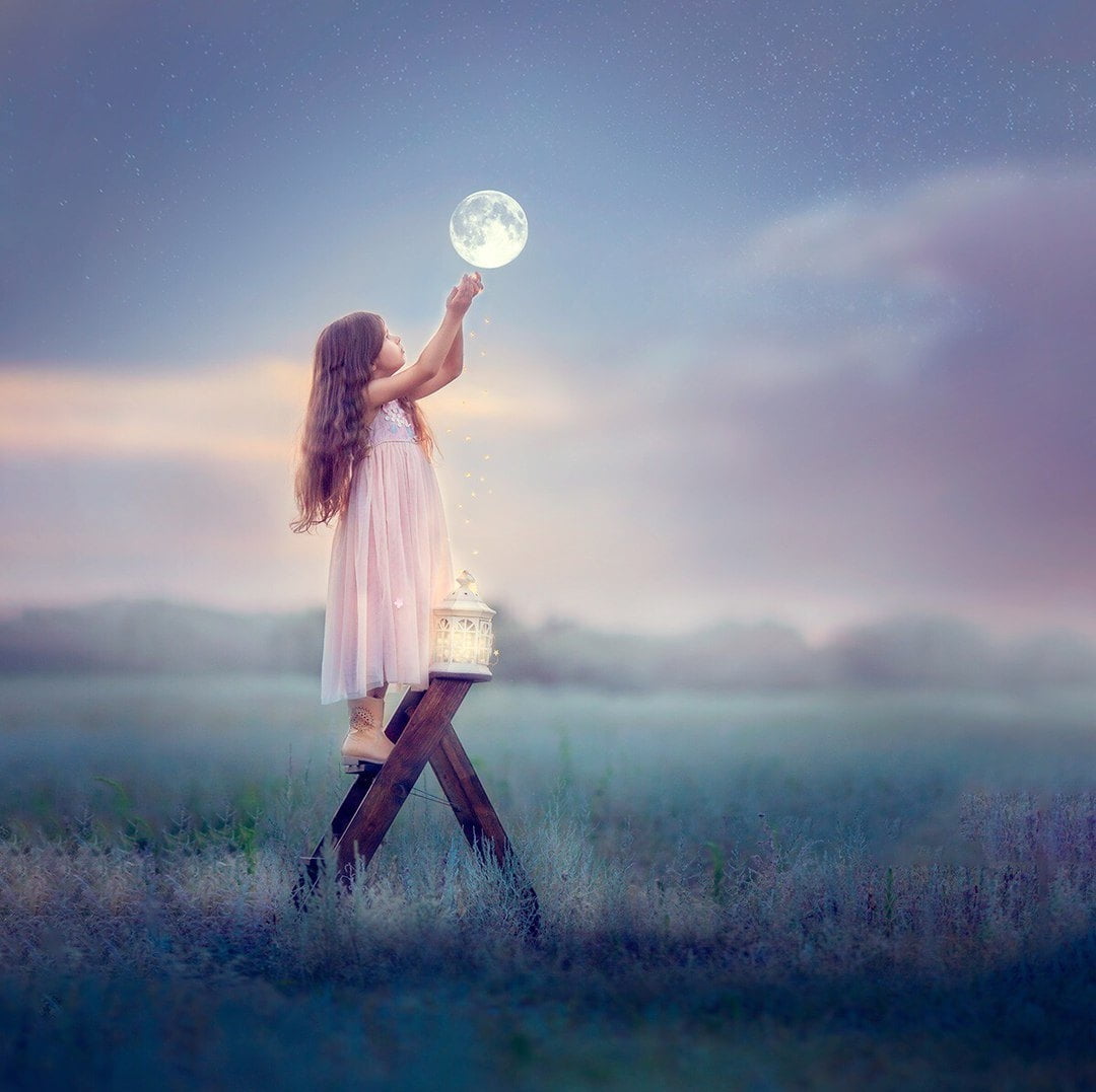 grass, dress, clothing, girl, young adult, full length, adult, abstract, 480P, nature, fantasy, contemplation, sunset, photography, ♥, dreamlike, moon, HD Wallpaper