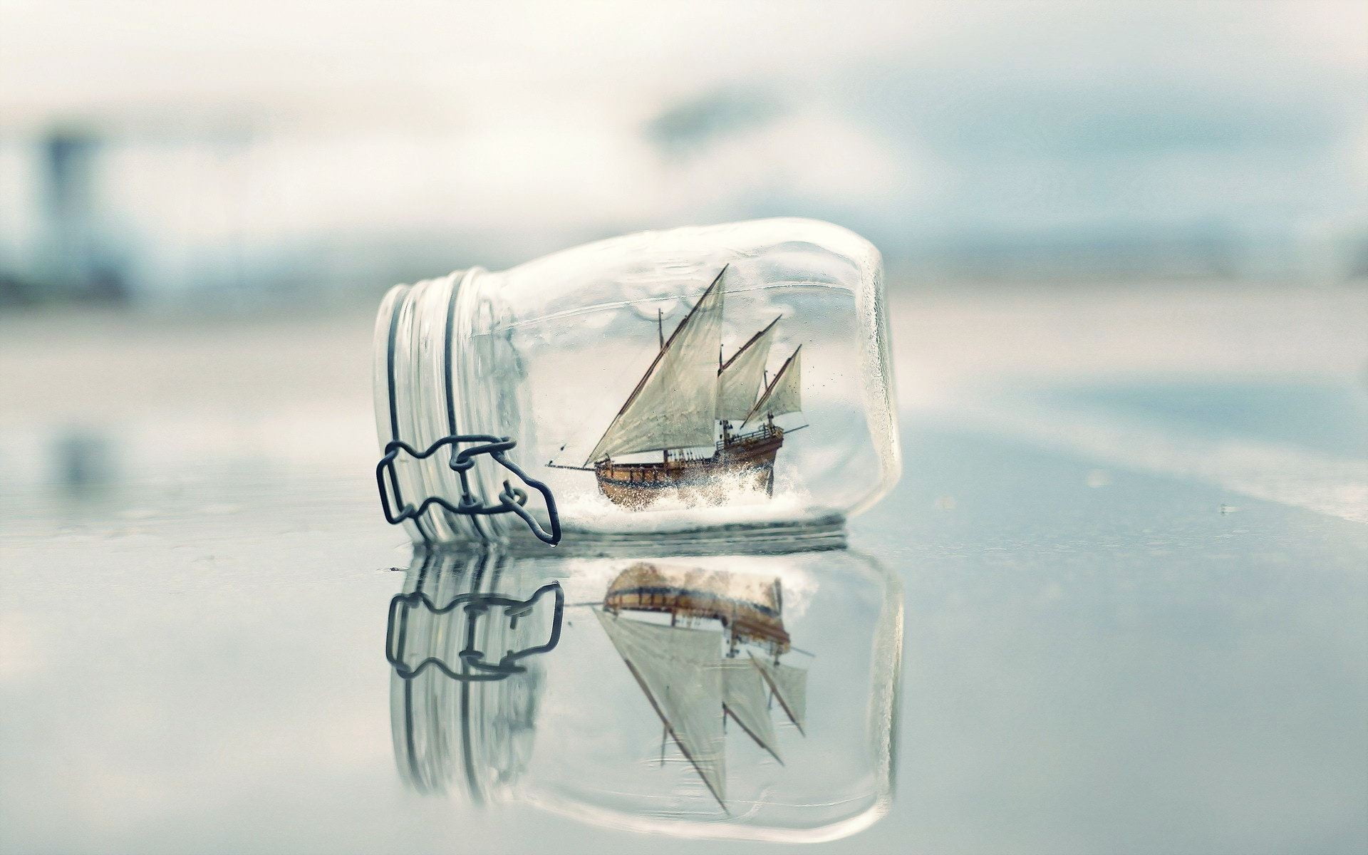 no people, symmetry, outdoors, close-up, focus on foreground, day, ship, still life, selective focus, bottles, frozen, floating on water, single object, HD Wallpaper