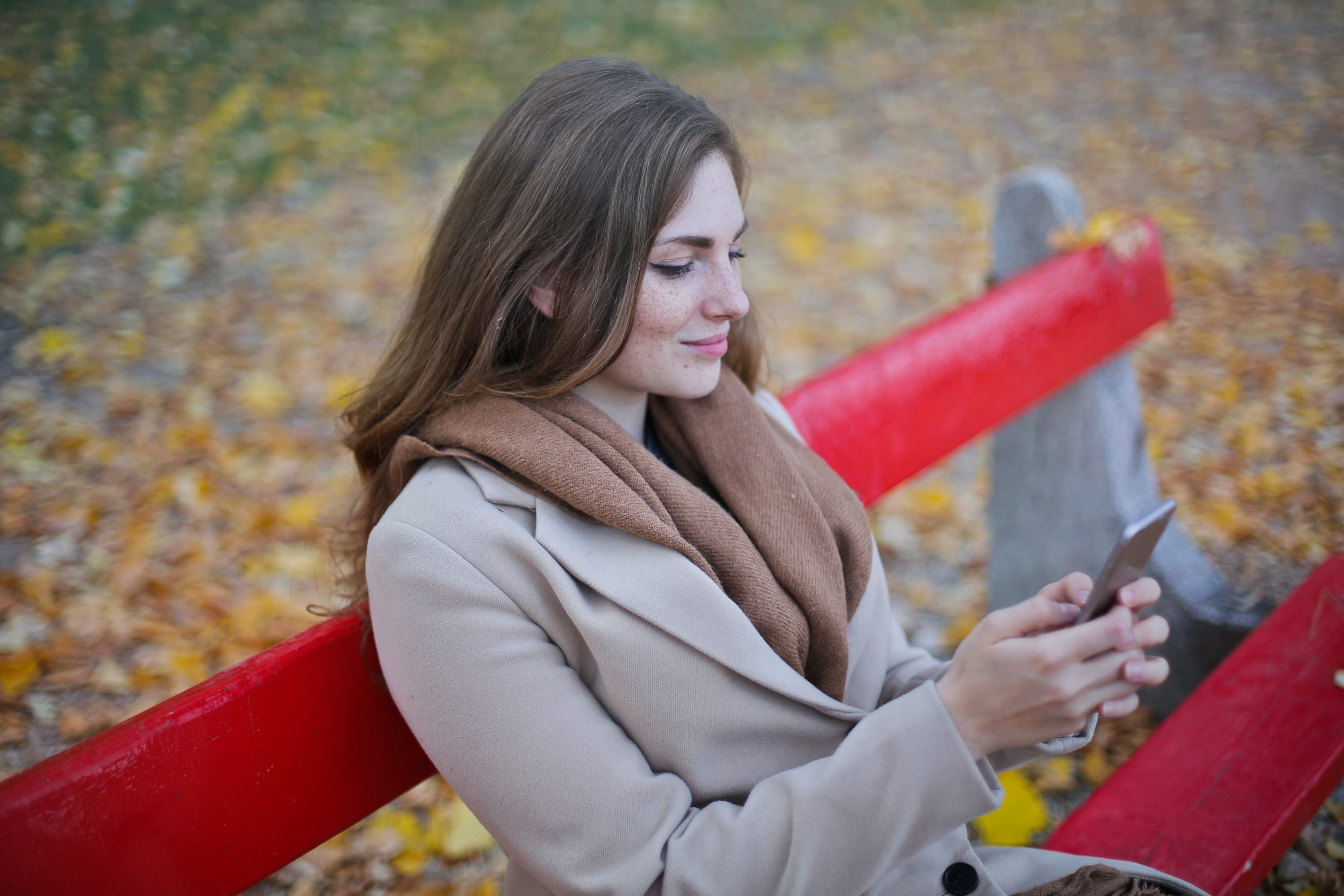 white, communication, using, emotion, people, camel overcoat, red, Application, read, brown scarf, telephone, Holding, long hair, autumn, one person, hair, HD Wallpaper