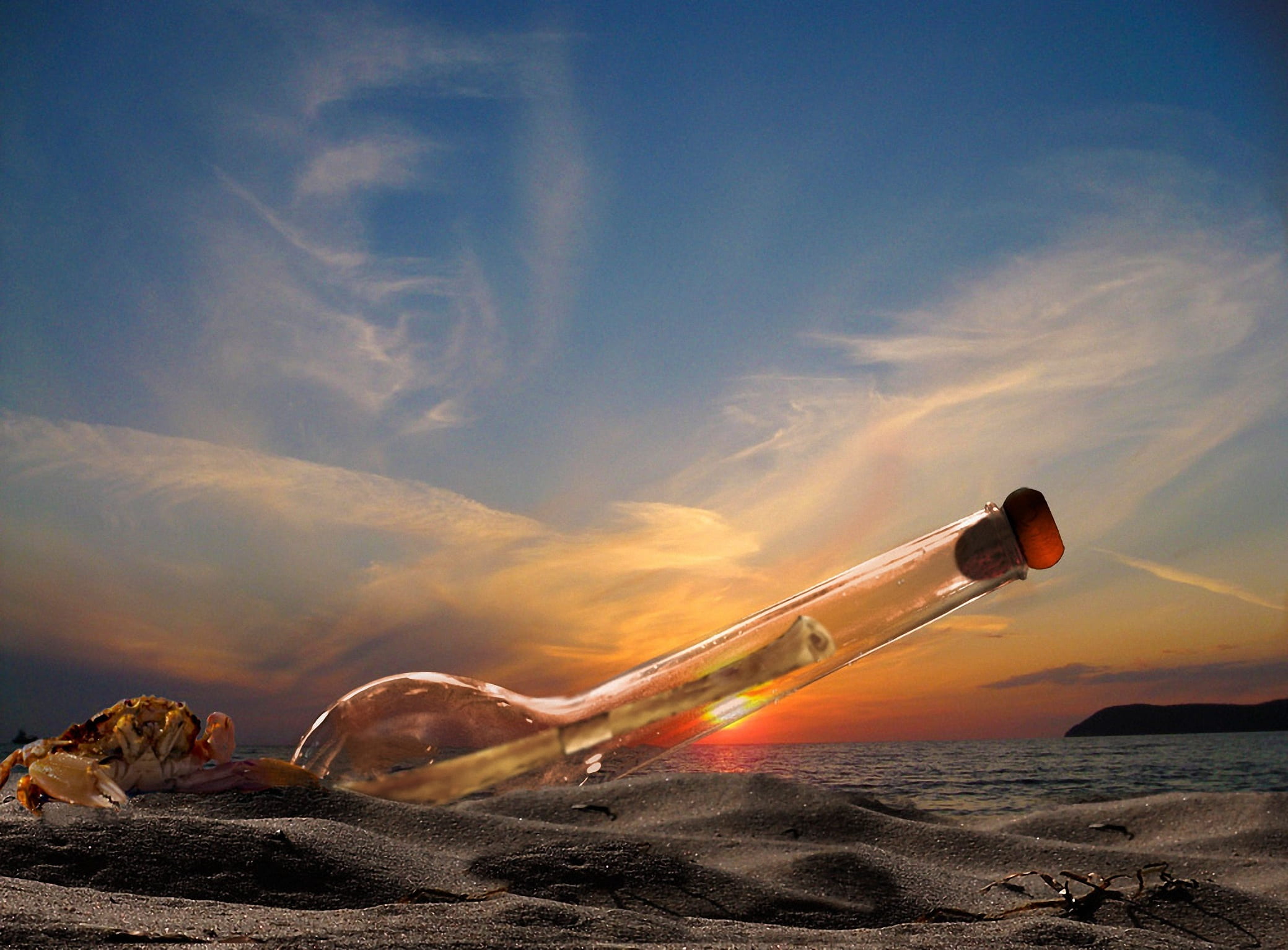 environment, sand, bottle, beautiful beaches, by the sea, sunset, outdoors, motion, cloud - sky, scenics - nature, day, nature, clear, message in a bottle, HD Wallpaper