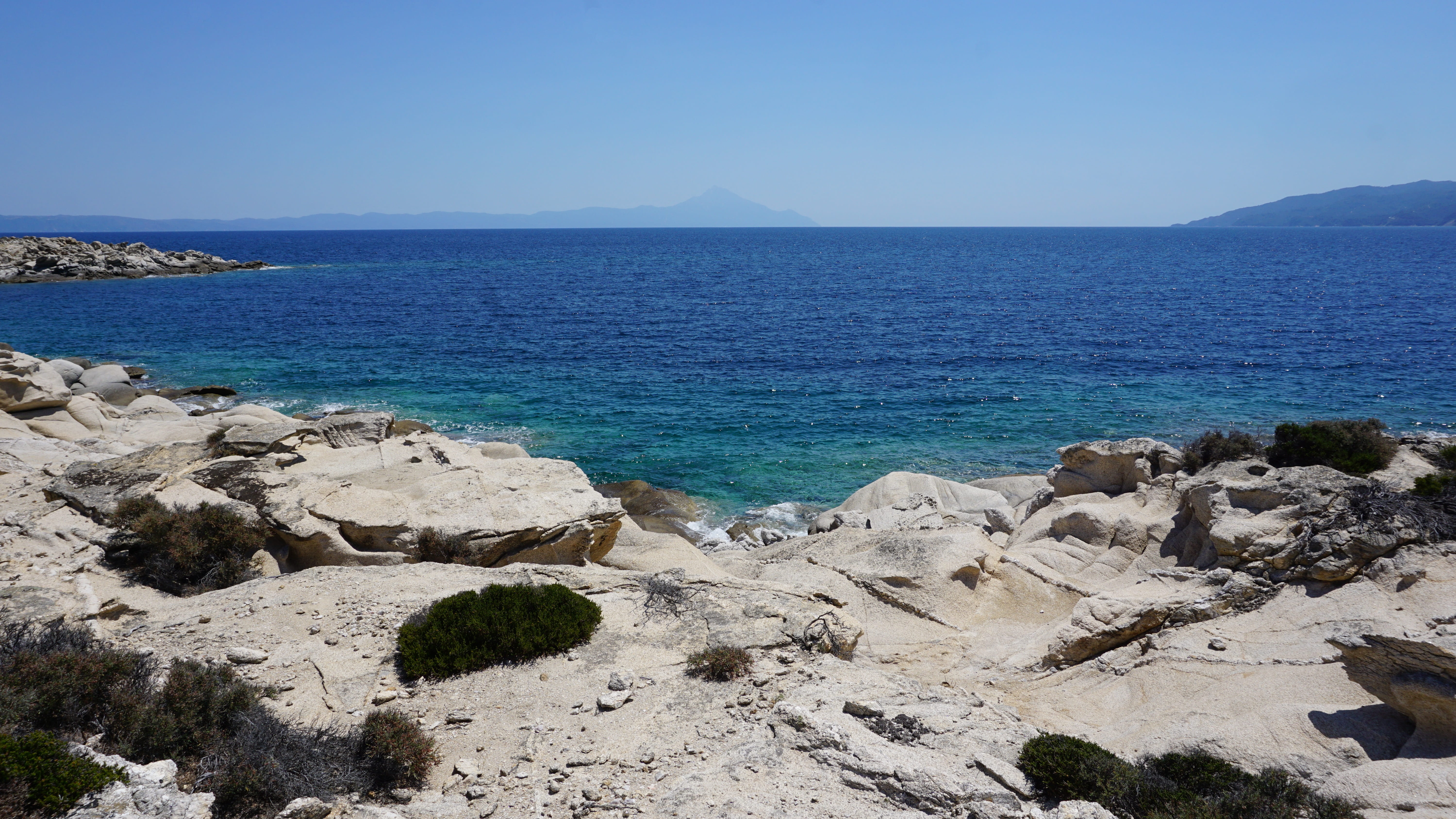 seashore, bay, holiday, sea, day, 5K, nature, rock - object, no people, non-urban scene, landscape, sand, tourism, solid, tranquil scene, sithonia, aegean sea, HD Wallpaper