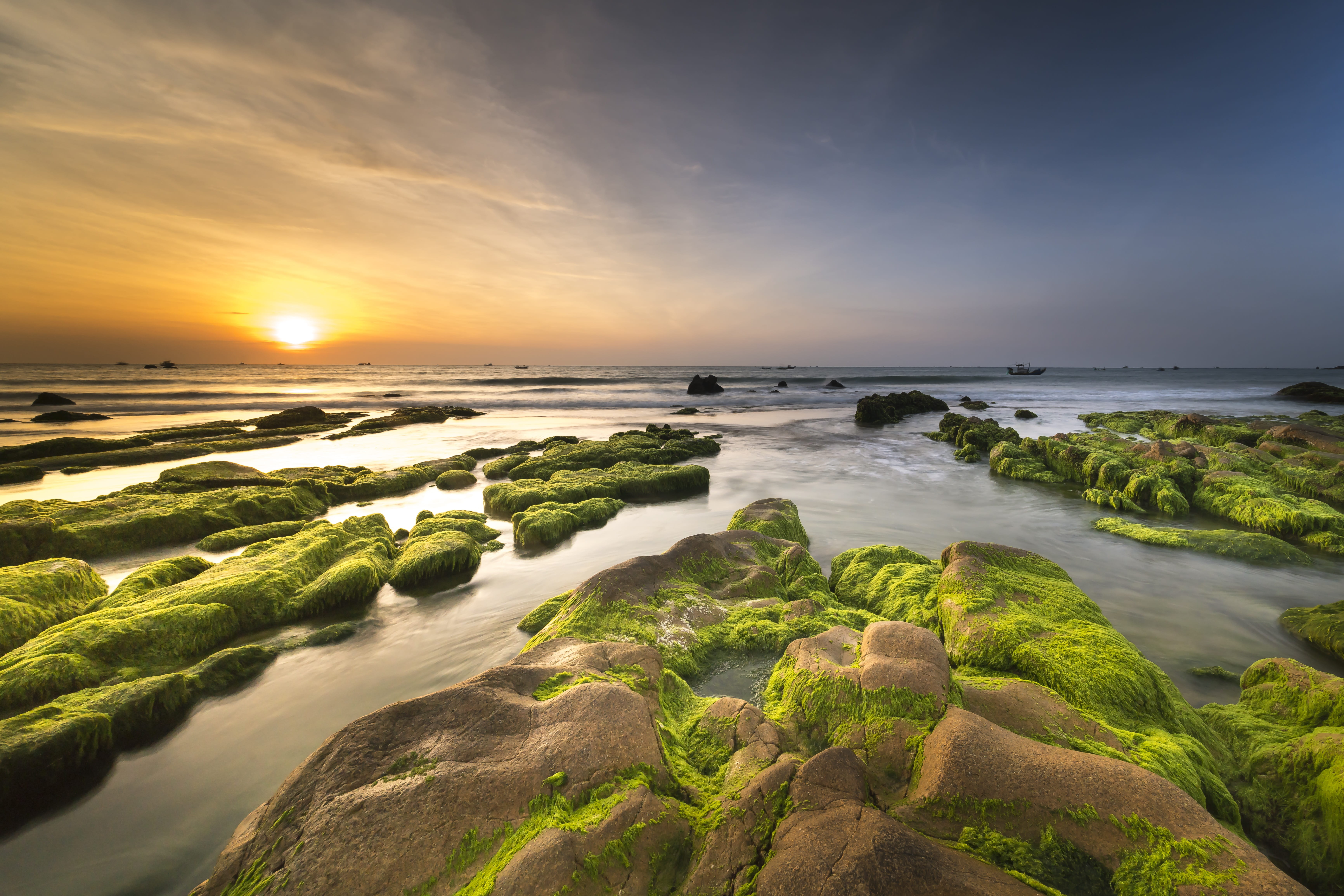 shore, water, 5K, peace, rock, sand, tranquility, outdoors, the waves, province, the beach, reflect, moss, tranquil scene, green, sea, horizon over water, HD Wallpaper