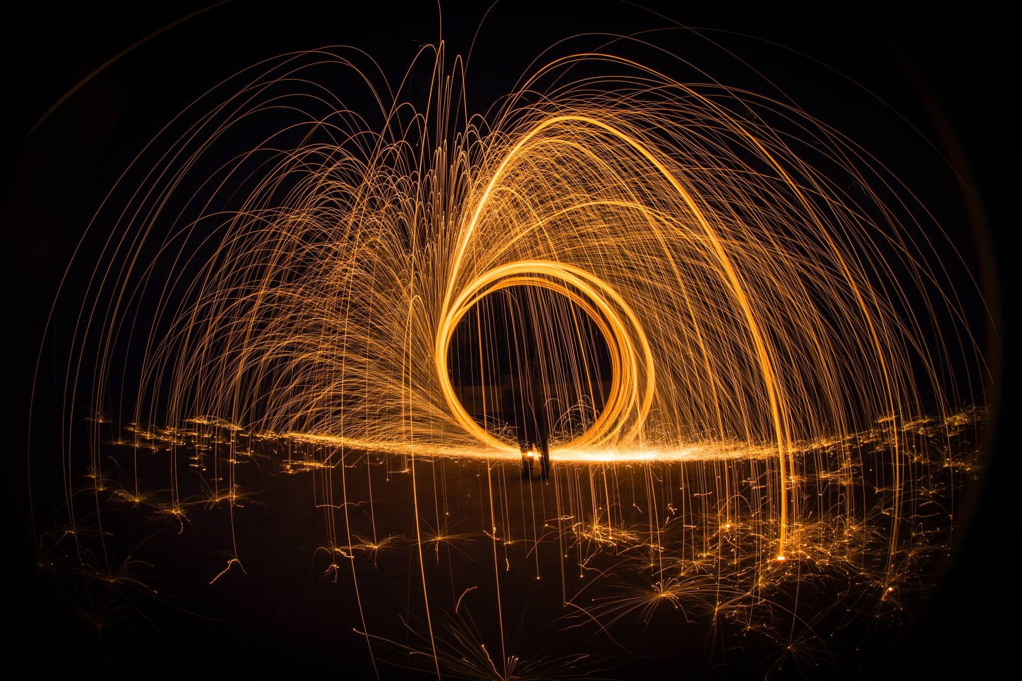 painting, circle, light, new year, fireworks, motion, outdoors, evening, art, city, mystical, illuminated, long exposure, graphic, romantic, orange color, HD Wallpaper