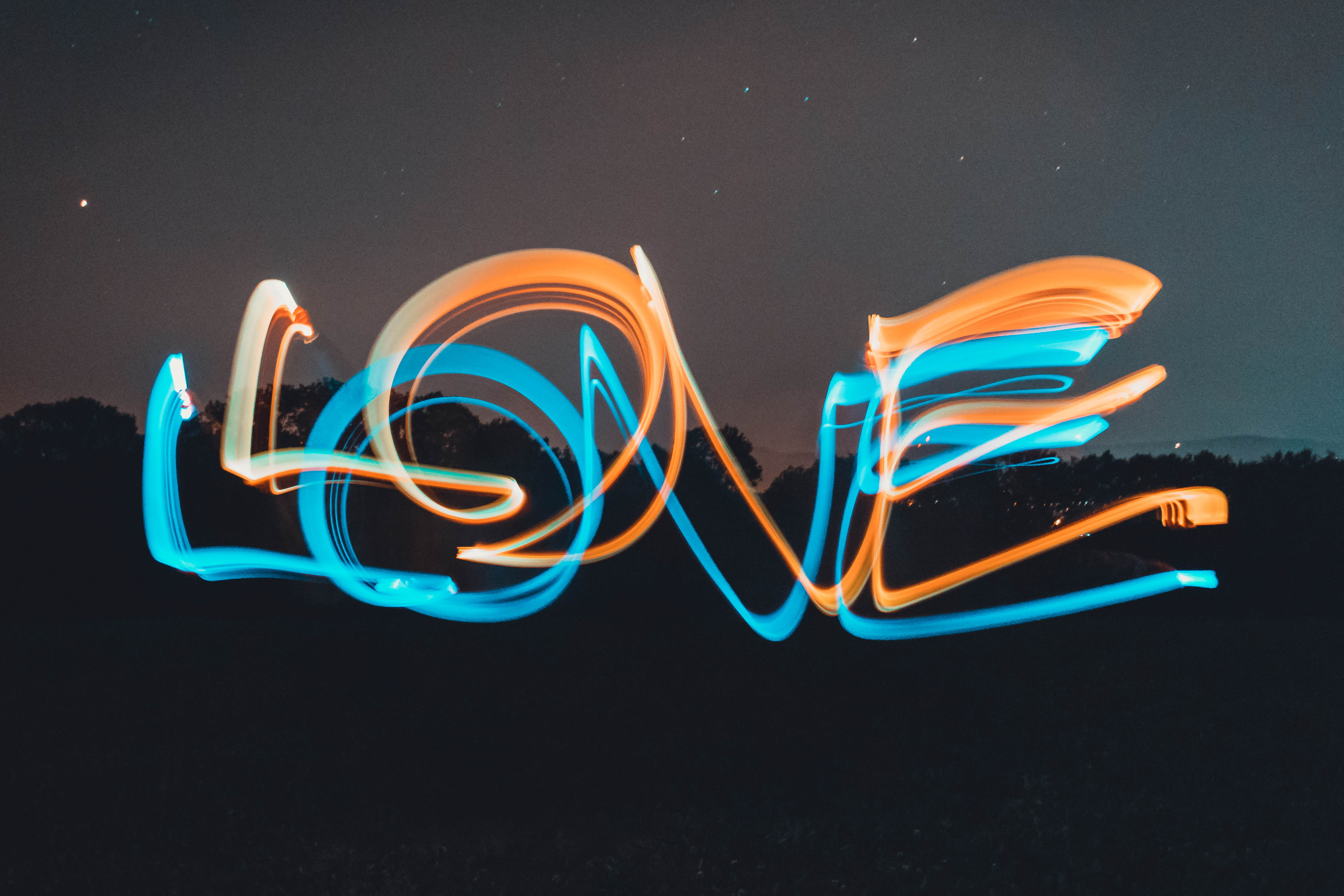 blue, star, 4K, sky, light, night, no People, dark, light trail, glow, glow stick, romantic, love, word, multi Colored, text, backgrounds, long exposure, HD Wallpaper