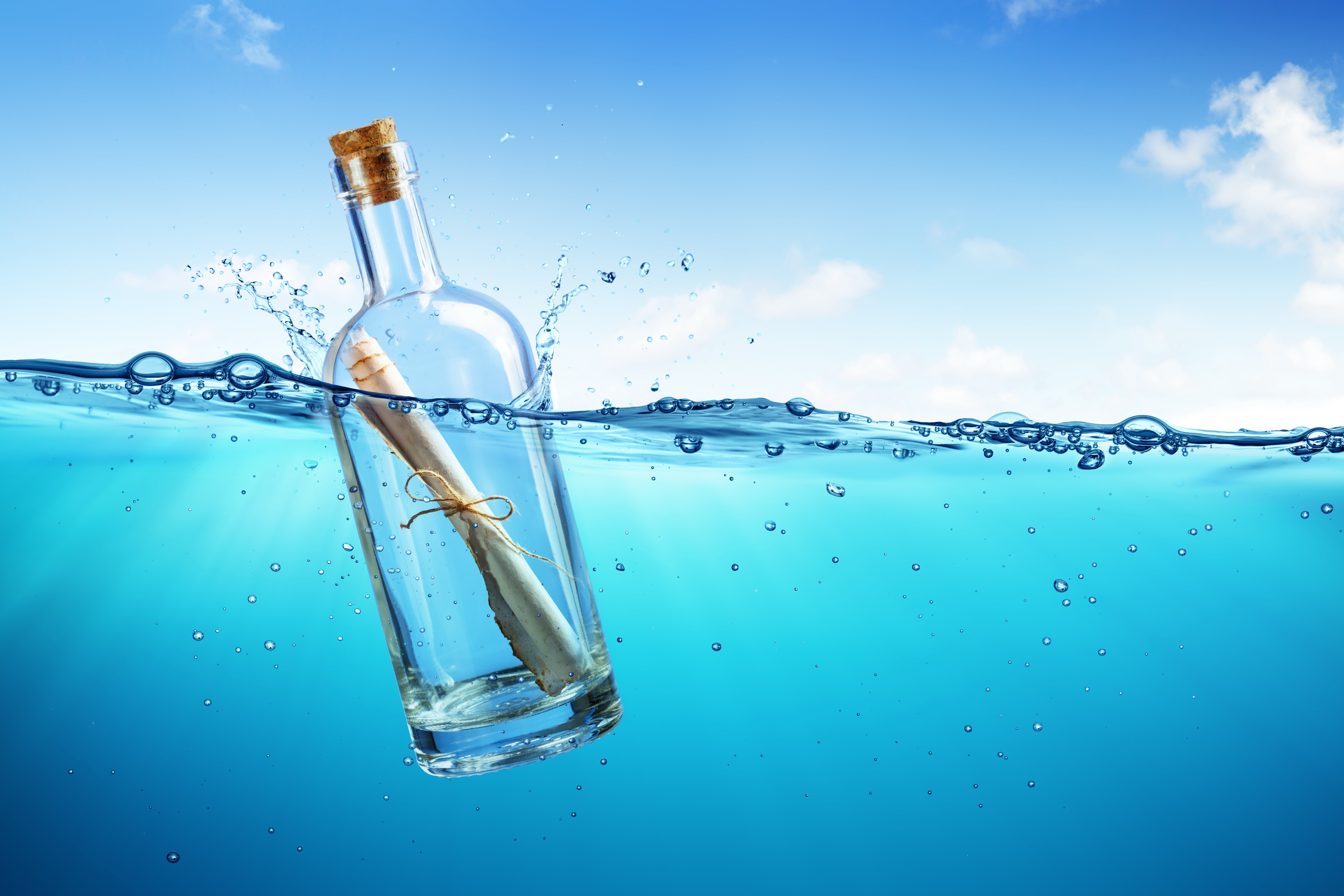 message, the ocean, letter, 8K, bottle, blue, water, ocean, sea, HD Wallpaper