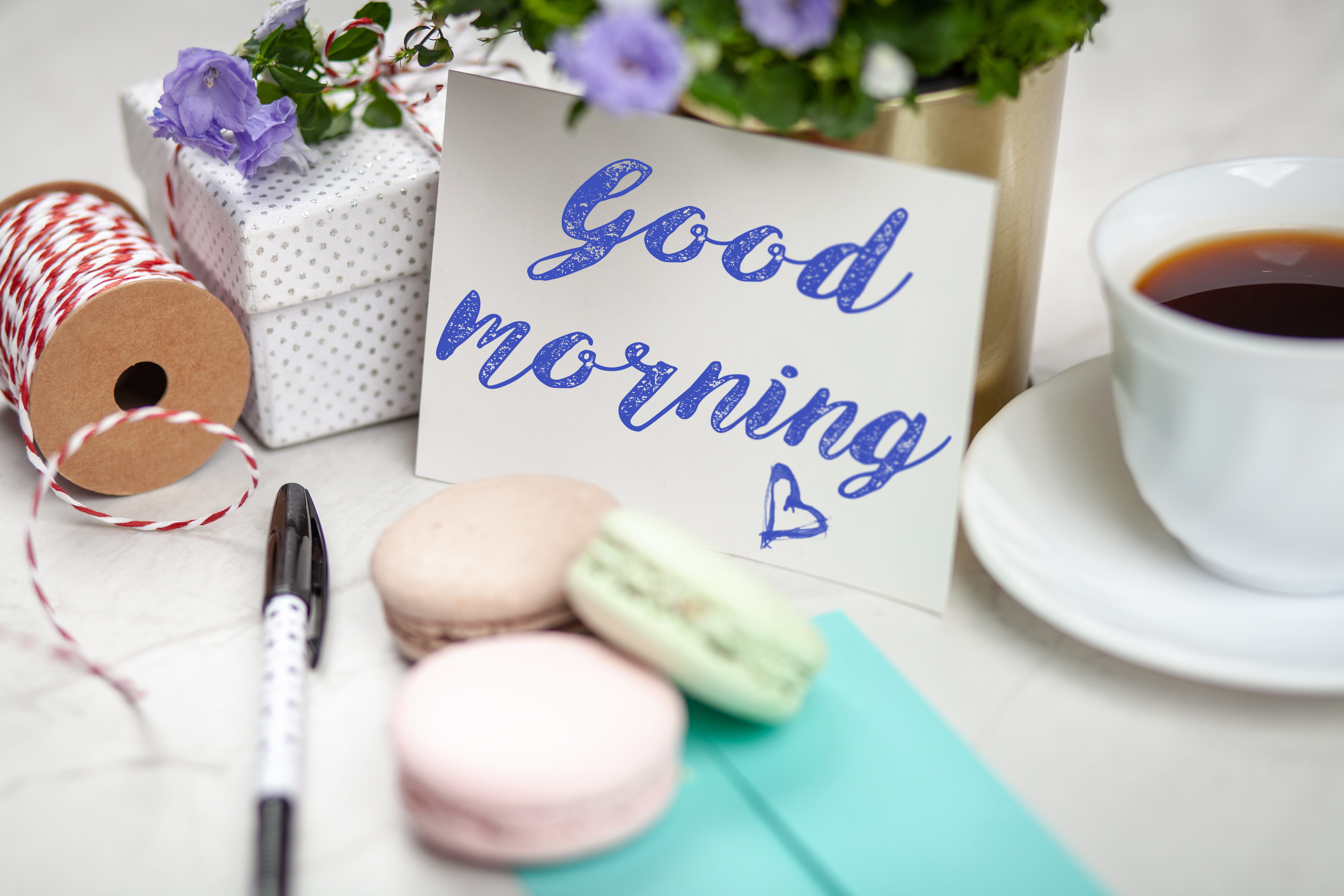 teacup, paper, violet, envelope, close-up, ceramic, flowers, message, cookies, card, tasty, filled, heart shape, hot drink, Good Morning, no people, sweet food, HD Wallpaper
