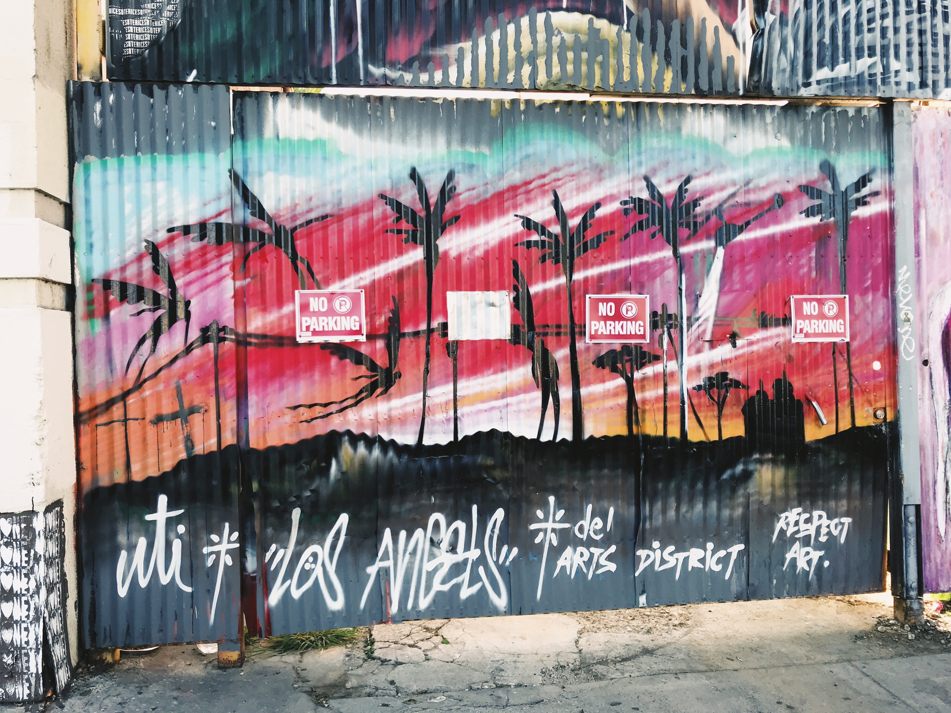 urban, paint, spray paint, orange, 4K, black, signs, united states, text, wall, day, creativity, no parking, street art, no people, palm trees, white, HD Wallpaper