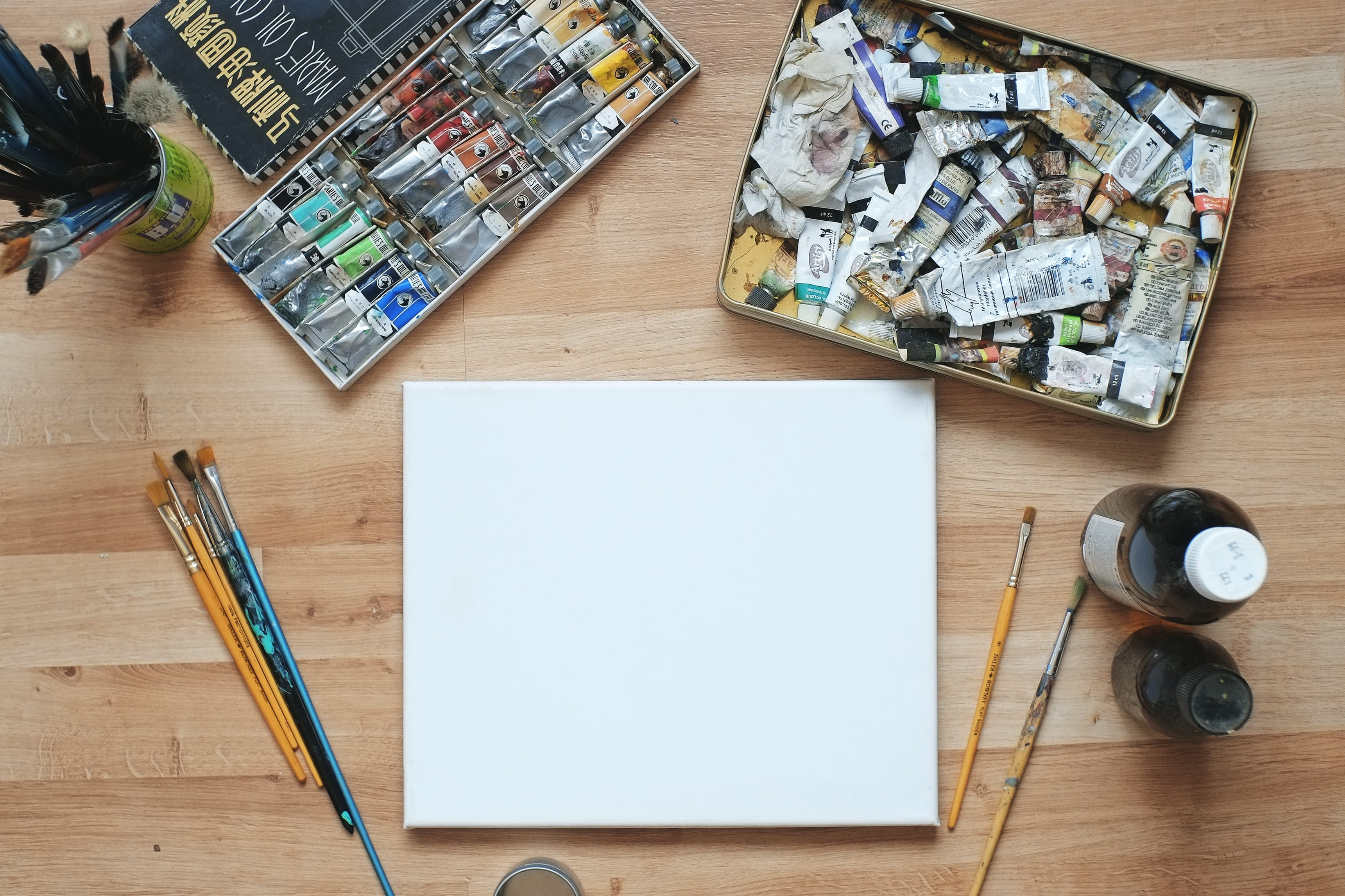 hobby, wood, studio, container, material, frame, indoors, still life, artwork, large group of objects, paintbrush, colour, paper, white, mockup, creative, HD Wallpaper