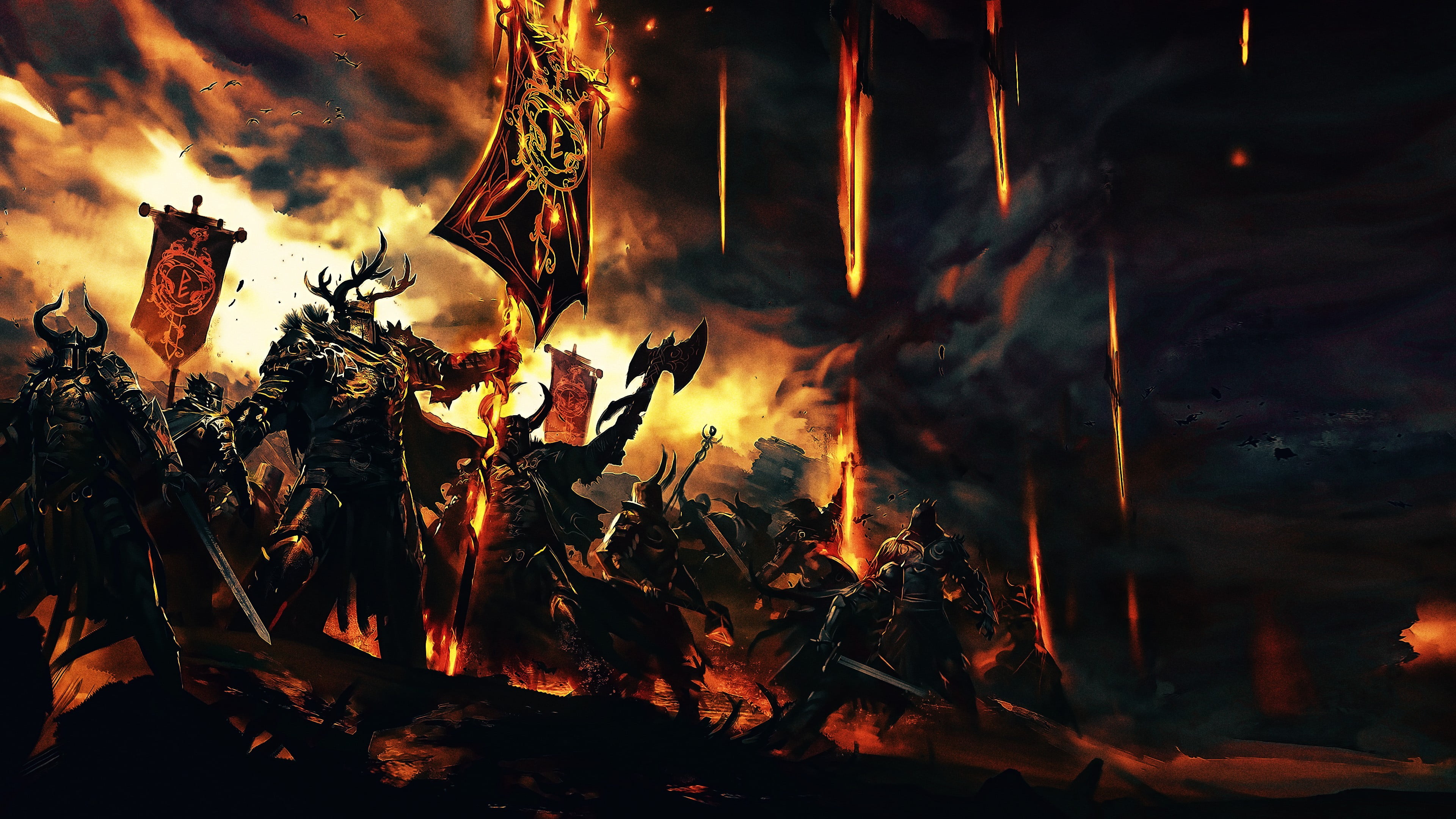 fantasy art, fire - natural phenomenon, Guild Wars 2, land, fan art, outdoors, glowing, night, flame, smoke - physical structure, nature, cloud - sky, HD Wallpaper