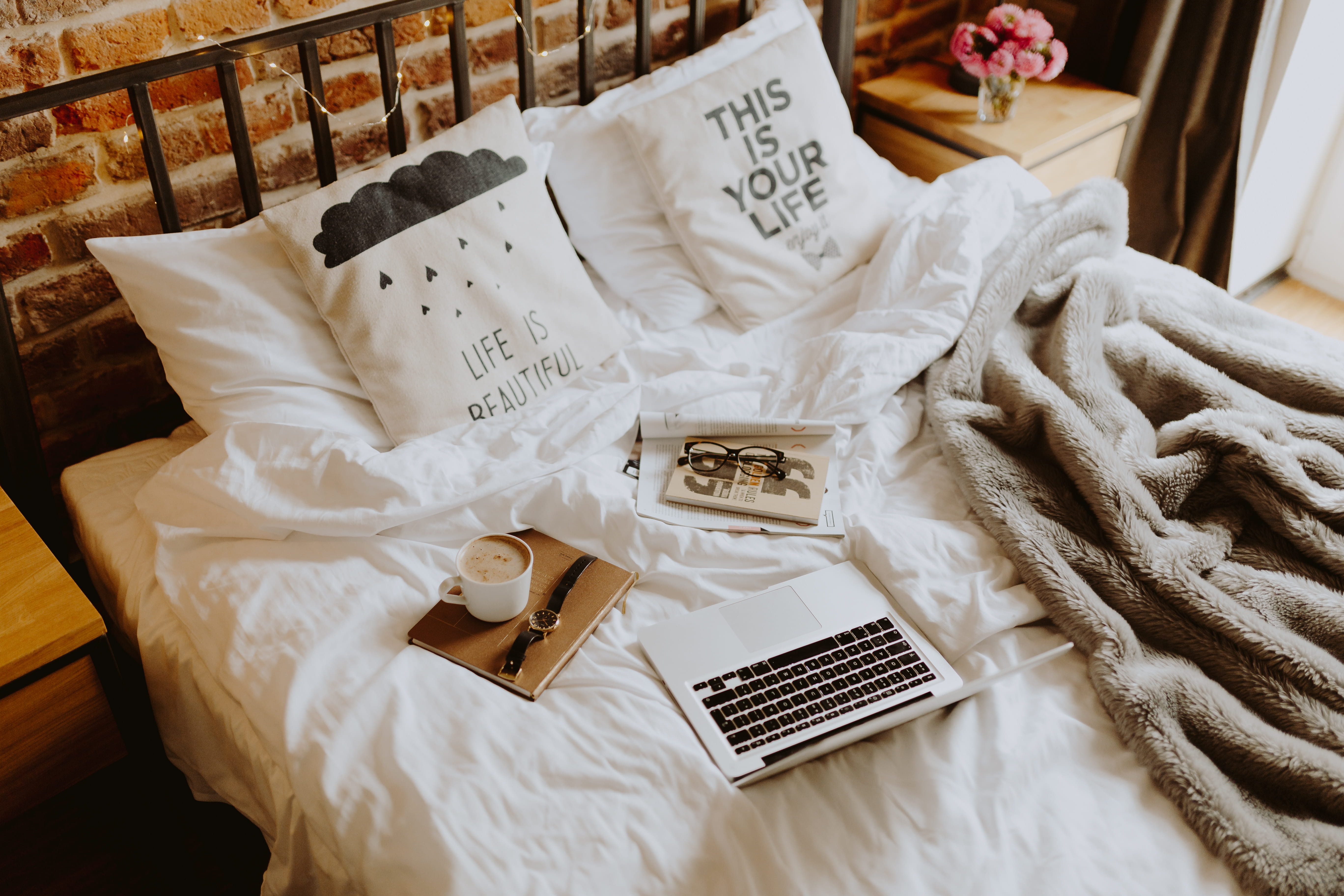 interior, apartment, indoors, loft, bedroom, bed office, technology, event, no people, still life, high angle view, brick wall, coffee, laptop, morning, HD Wallpaper
