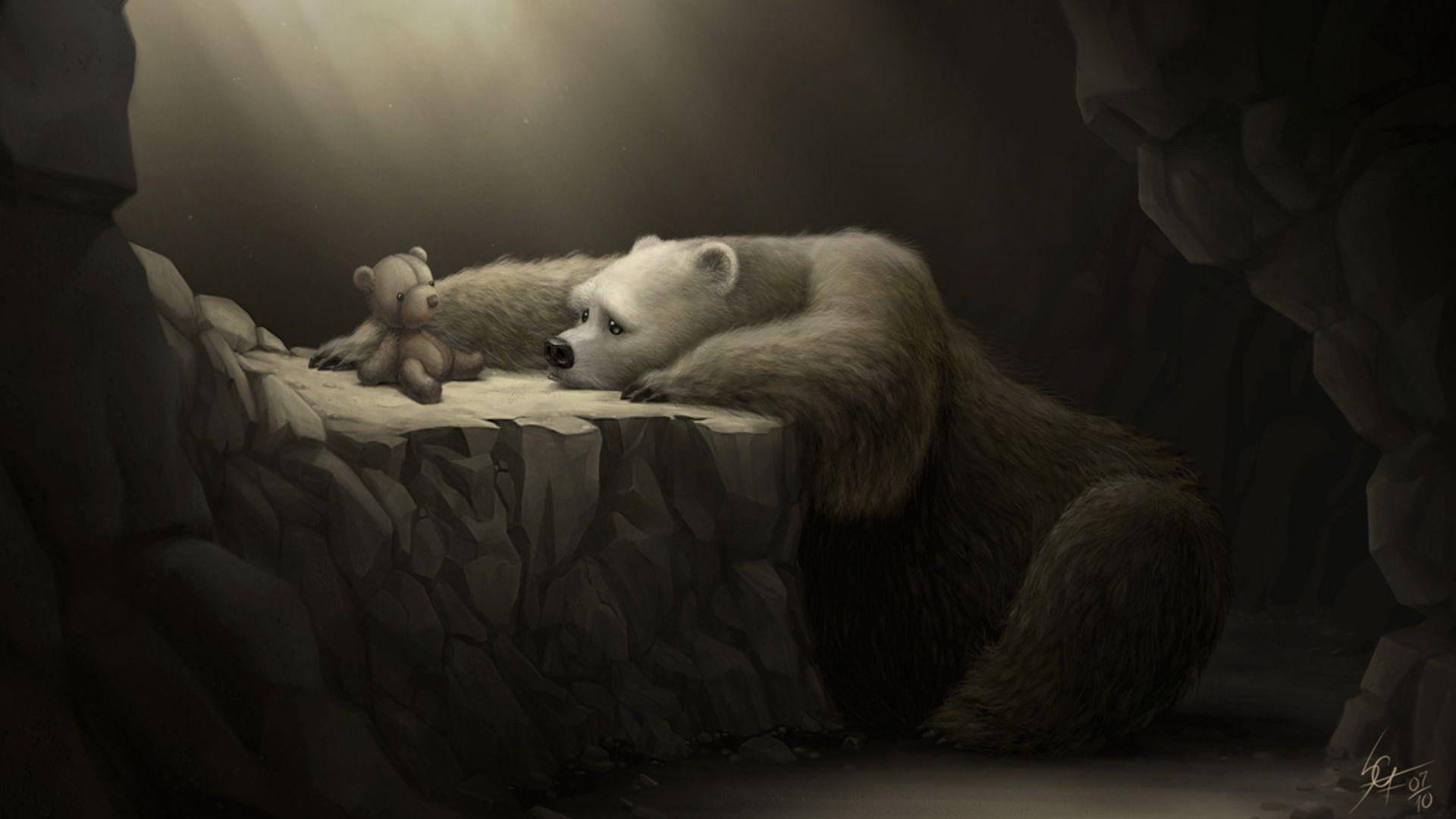 teddy, gray, white, artwork, bear, illustration, cave, talk, 1080P, animals, fantasy, HD Wallpaper