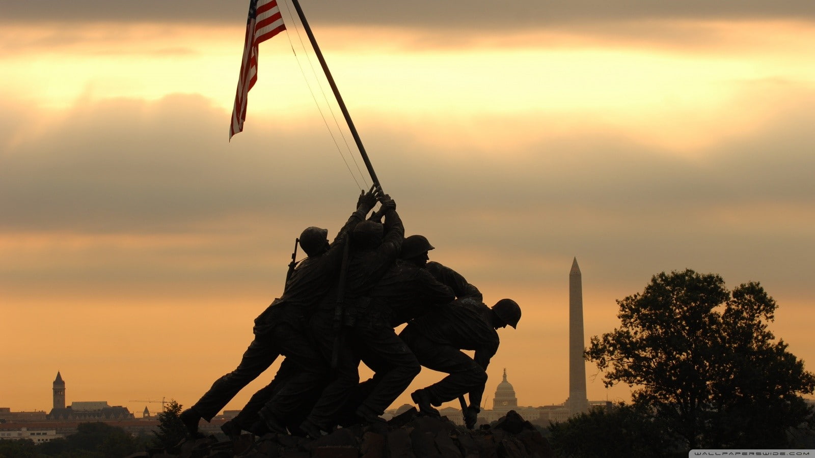 sun, World War II, USMC, army soldier, armed forces, Marine Corps War Memorial, memorial, real people, tree, cloud - sky, military, sky, Washington, sculpture, HD Wallpaper