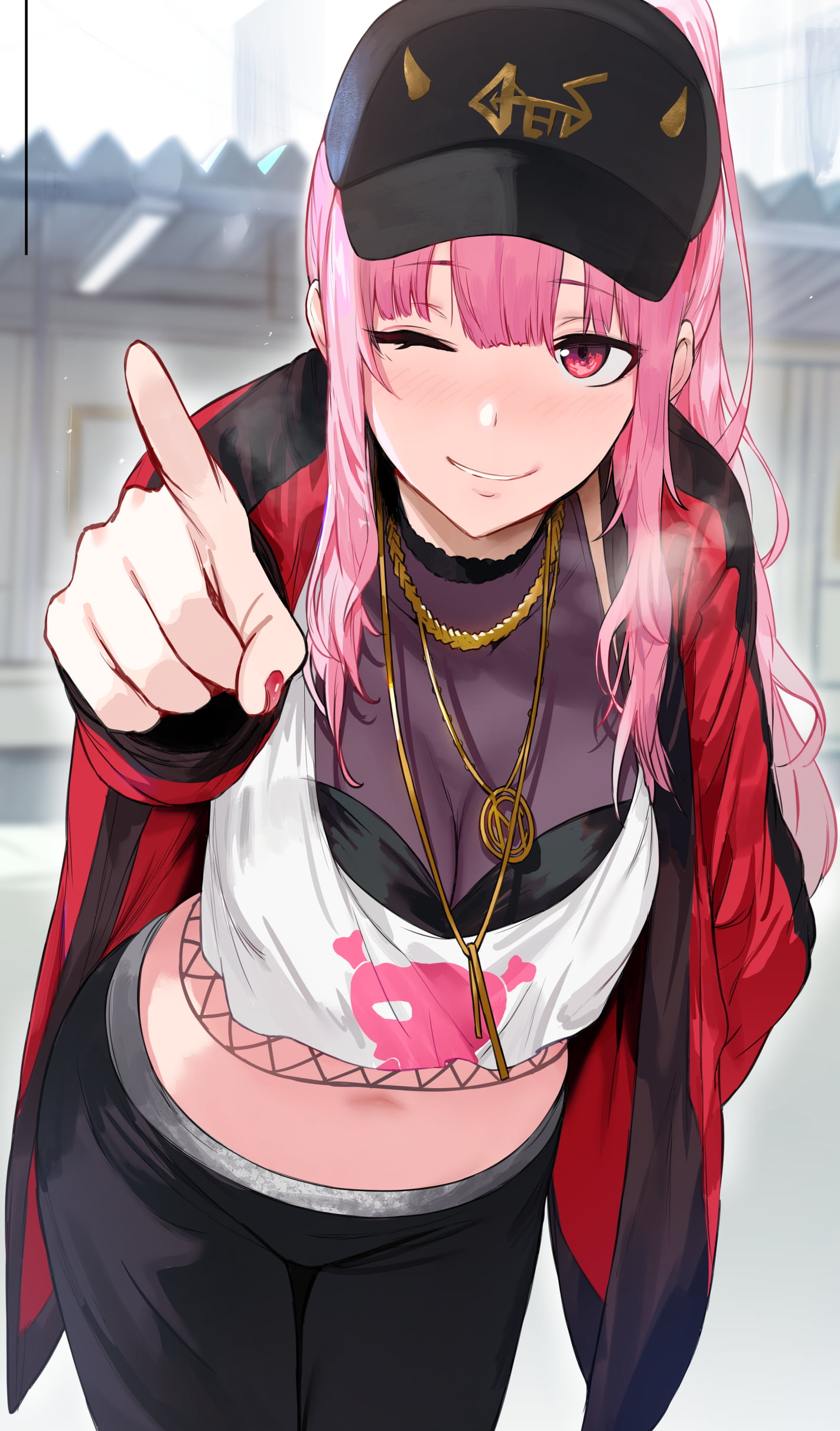 smiling, bling, 1080P, wink, pink eyes, looking at viewer, fictional character, vertical, jacket, fan art, pink hair, cleavage, Virtual Youtuber, 2D, Hews, Phone HD Wallpaper