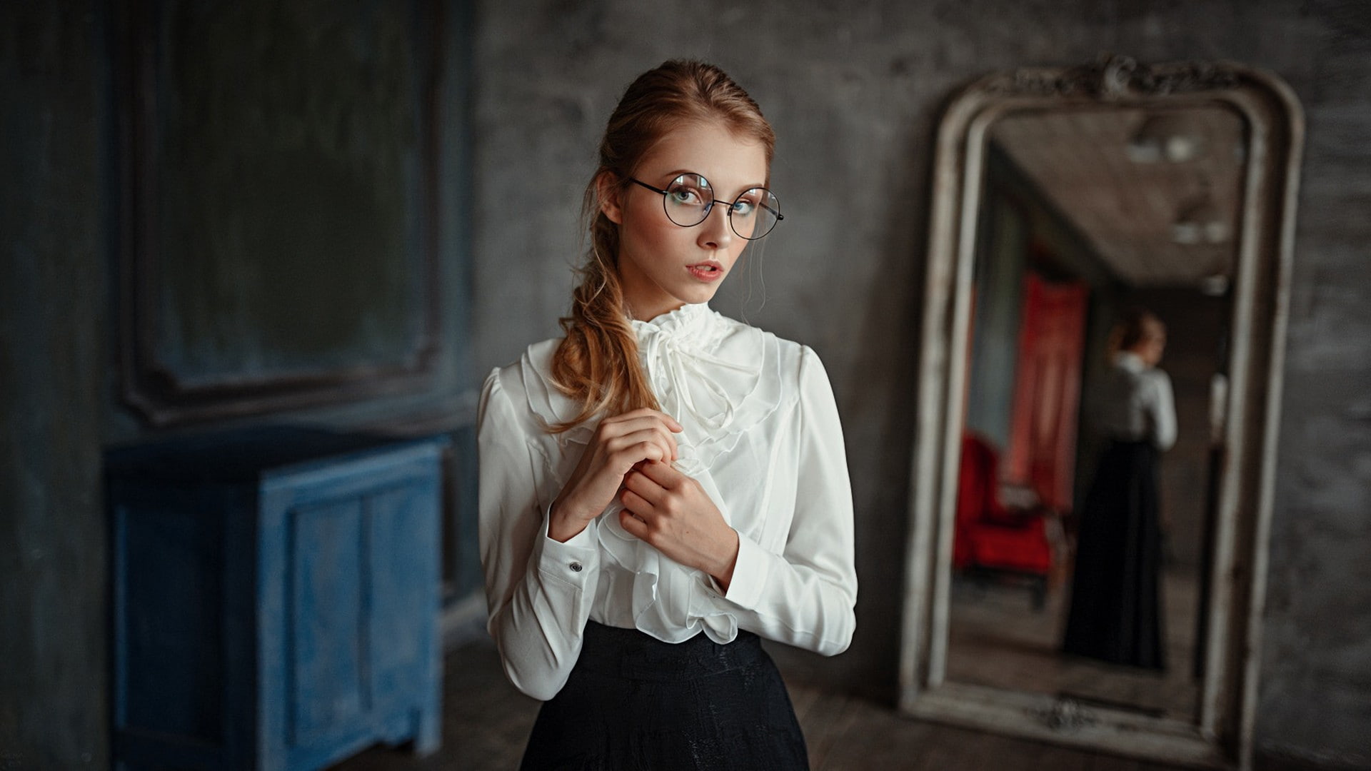 depth of field, glasses, portrait, women, mirror, blonde, Alice Tarasenko, reflection, Georgy Chernyadyev, 1080P, HD Wallpaper